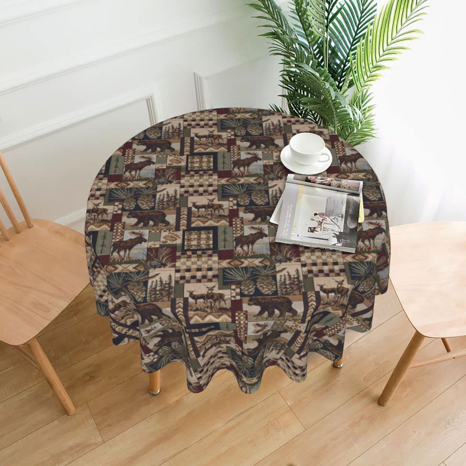 Lawenp Rustic Lodge Bear Decorative Round Table Cloths - 60 Inches in Diameter for Buffet Tables, Parties, Holiday Dinners.