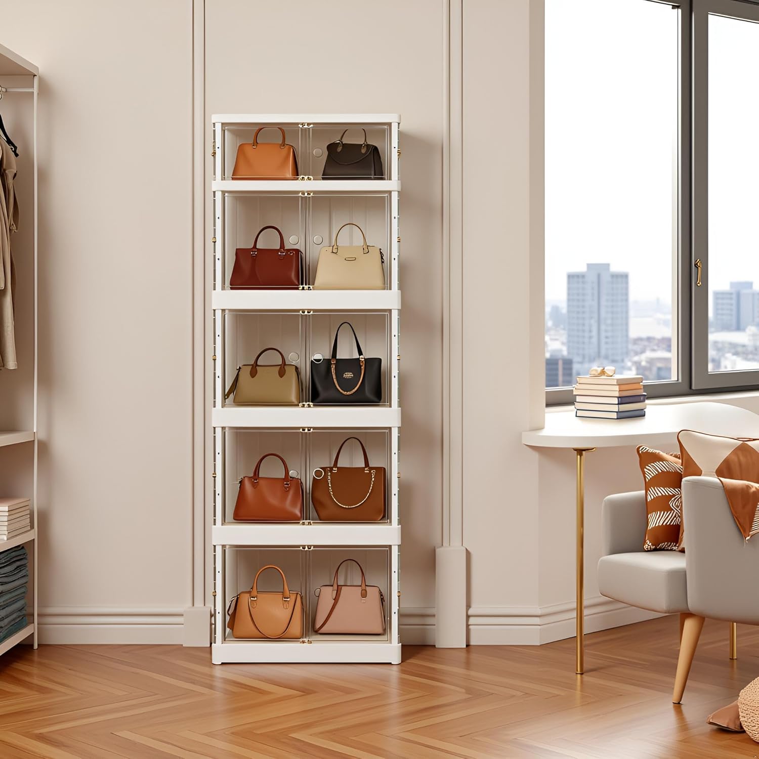 5-Tier Plastic Foldable Storage Bins with Lid, Stackable Containers with Wheels, Dustproof Lightweight, Collapsible Multifunctional Organizer with Magnetic Clear Door for Office, Dorm Room, Bedroom