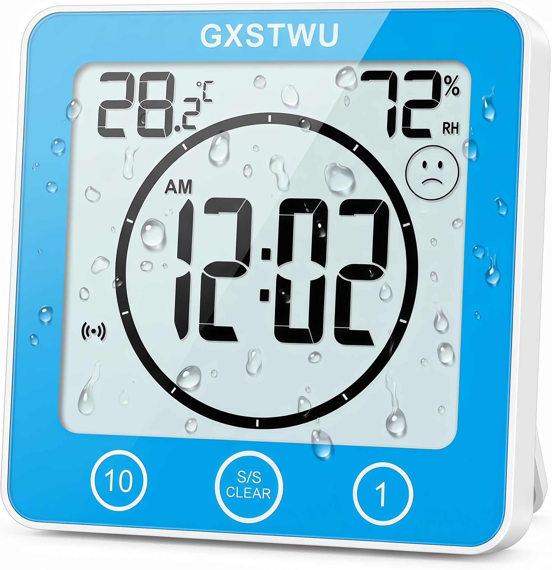 Digital Shower Clock, Bathroom Timer Clock, Waterproof for Water Spray, Count Up Count Down Alarm, Touch Screen Timer, Temperature Humidity, Wall Clock Magnet, Suction Cup, Hanging, Stand Blue
