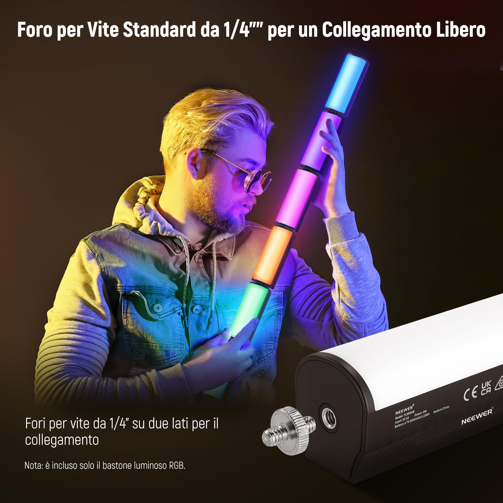 NEEWER BASICS Barra Luminosa Magnetica Portatile, Mini Luce Tubo LED RGB a 360°, Batteria 2500mAh, Dimmerabile 2500K-8500K, Light Stick per Studio Fotografia Riprese Streaming TikTok YouTube, TL96RGB
