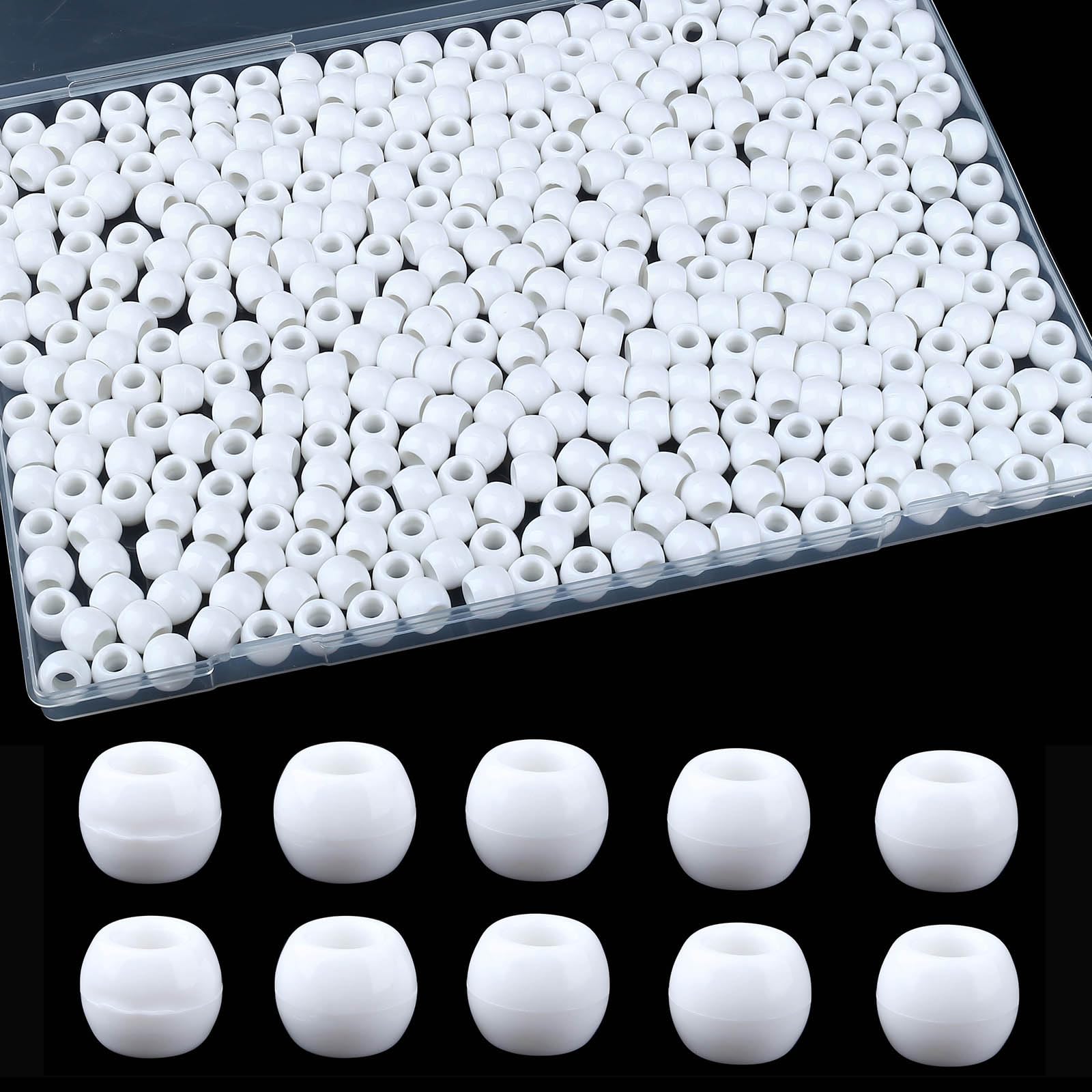 XIANNVXI 12mm White Pony Beads with 6mm Large Hole,380 Pcs White Plastic Kandi Hair Beads for Braids Crafting DIY Bracelet Necklace Jewelry Making,Storage Box Included