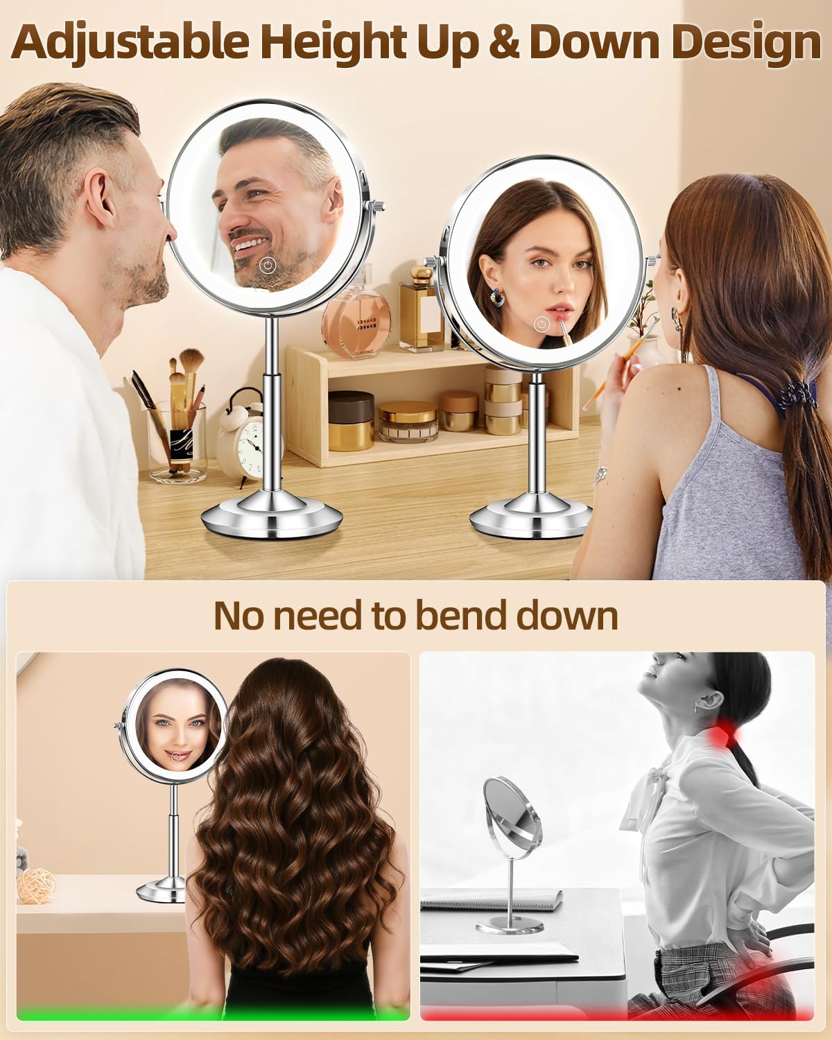 1X/30X 8" Magnifying Makeup Mirror with Lights Height Adjustable for Desk