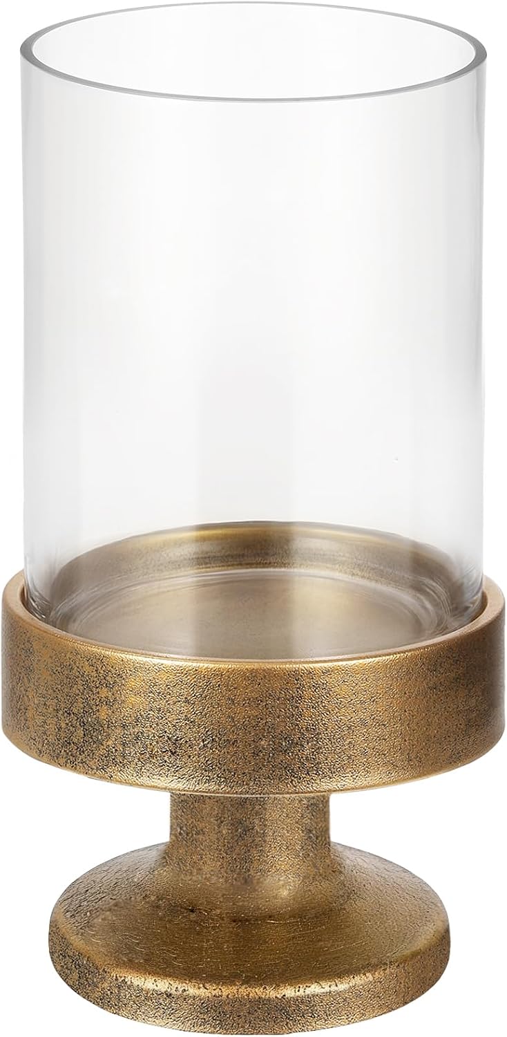 Glass Hurricane Candle Holders and Glass Vase with Minimalism Metal Base in Antique Brass, Handmade and Sturdy Glass, Pillars, Flower Arrangement, Centerpiece, Dining Table (Antique Brass, 5"x6.5")