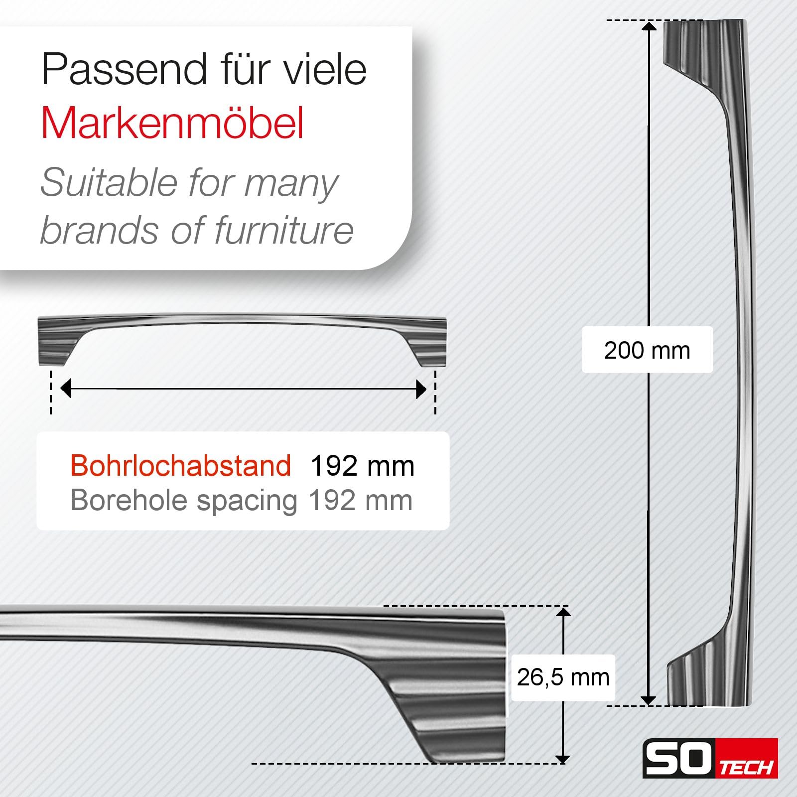 SOTECH 45 Stück Möbelgriffe Bügelgriffe WING BA 192 mm anthrazit Schubladengriffe Schrankgriffe Schranktürgriffe