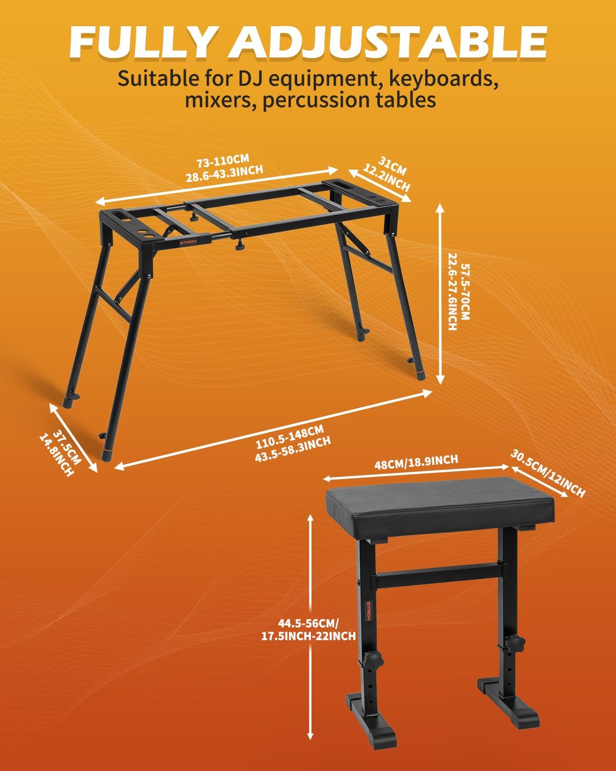 Diagram showing adjustable dimensions of the STRICH keyboard stand and bench