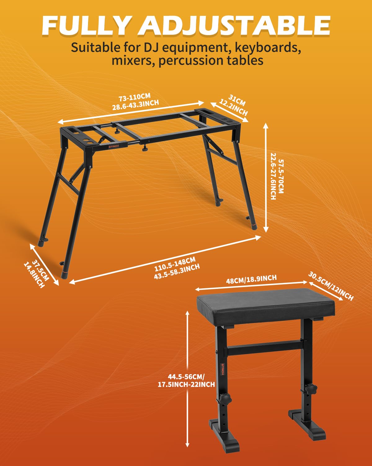 STRICH Set di supporto e panca pieghevole per tastiera e pianoforte digitale, portatile, per pianoforti elettrici a 54-88 tasti e panca regolabile per pianoforte, sedile per tastiera musicale, sedia