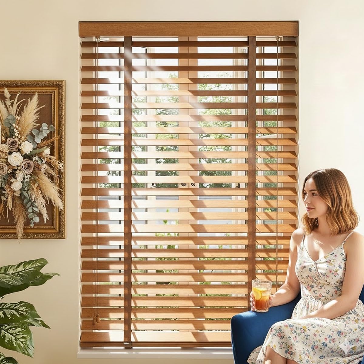 Tende Veneziana in Legno Su Misura, Senza Foratura, Veneziane da Interno/Esterno Senza Fori per Finestre, 50mm Lamelle Privacy Orizzontali Oscurante Persiane per Ufficio