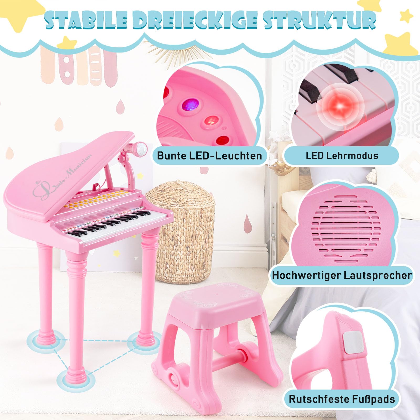 DREAMADE 31 Tasten Keyboard Kinder, E-Piano mit Hocker & Mikrofon & 3 Lehrmodi & 4 Rhythmen & Aufnahme, Elektronisches Klavier für Mädchen & Junge ab 3 Jahre (Rosa)