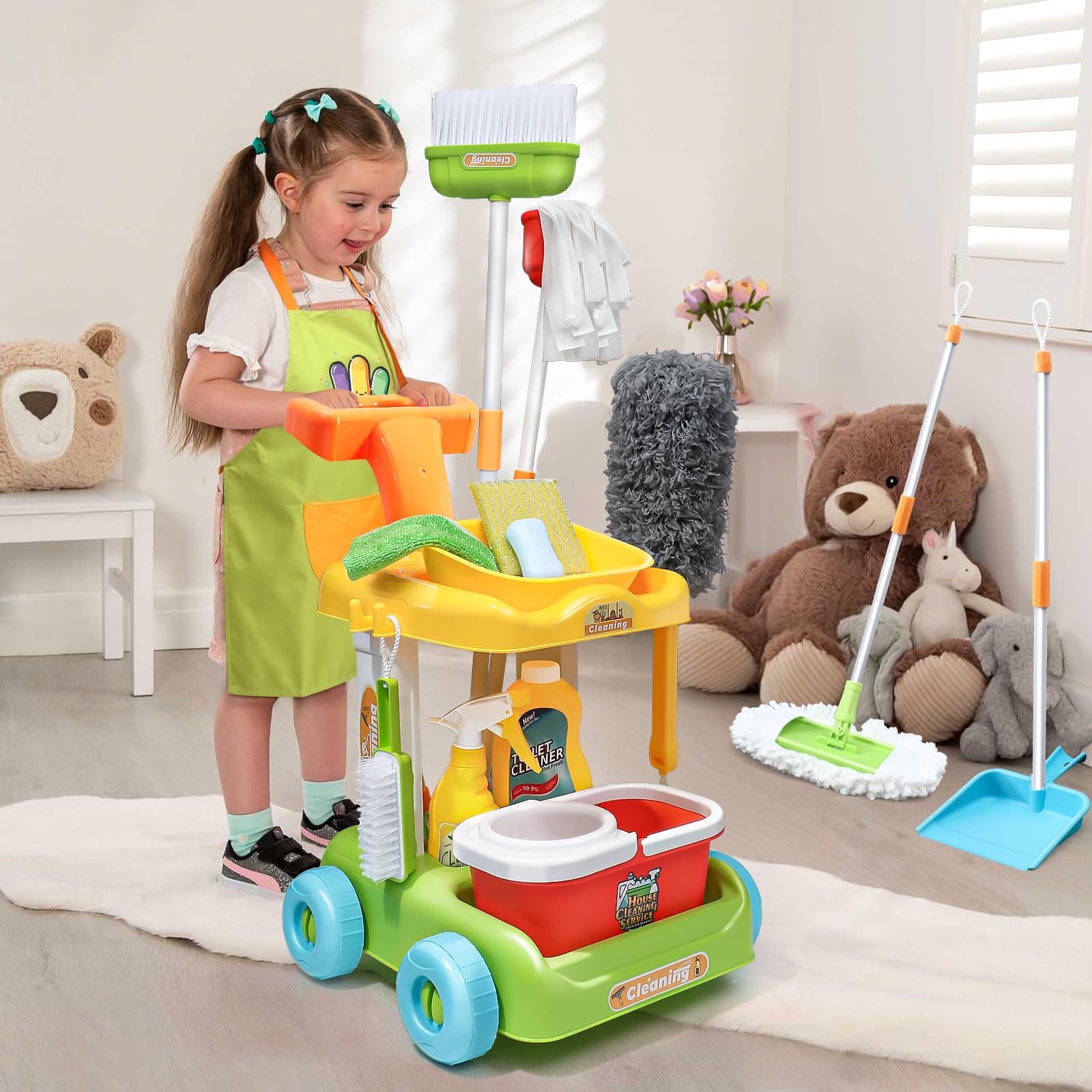 Set De Limpieza Infantil Con Carrito – 16 Piezas: Escoba, Cubo, Fregona, Pulverizador, Paño Y Más – Juego De Roles Para Niños 3-6 Años