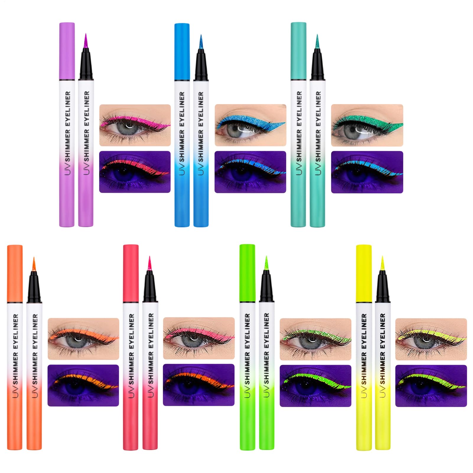 Eyeliner Fosforescenti Penna Trucco Eyeliner Gel Liquido Naturale Brillante | Occhi Impermeabile con Glitter e Tratto Liscio Set Donna 6 Pezzi per Performance Live, Dance, Quotidiano, Festa
