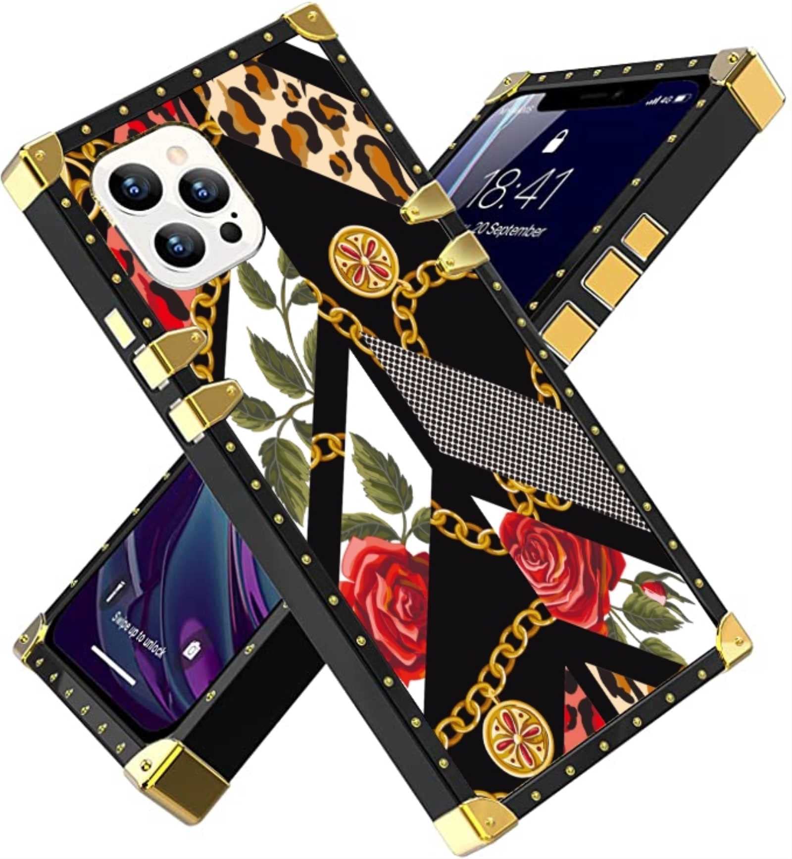 Compatible with iPhone 13 Pro Max Square Case, Golden Chain Rose Luxury Golden Decoration for iPhone Case Girls Women Men,Soft TPU Shockproof Protective Hard PC Cover Case for iPhone