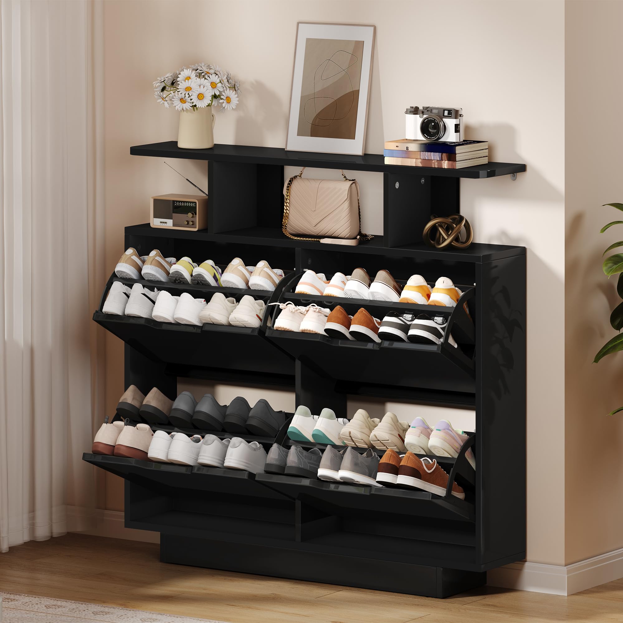 YITAHOME Zapatero Estrecho Brillante, Armario para Pasillo, con Estantes Ajustables, cómoda para Zapatos en el Pasillo (Negro, 120 x 24 x 106 cm)