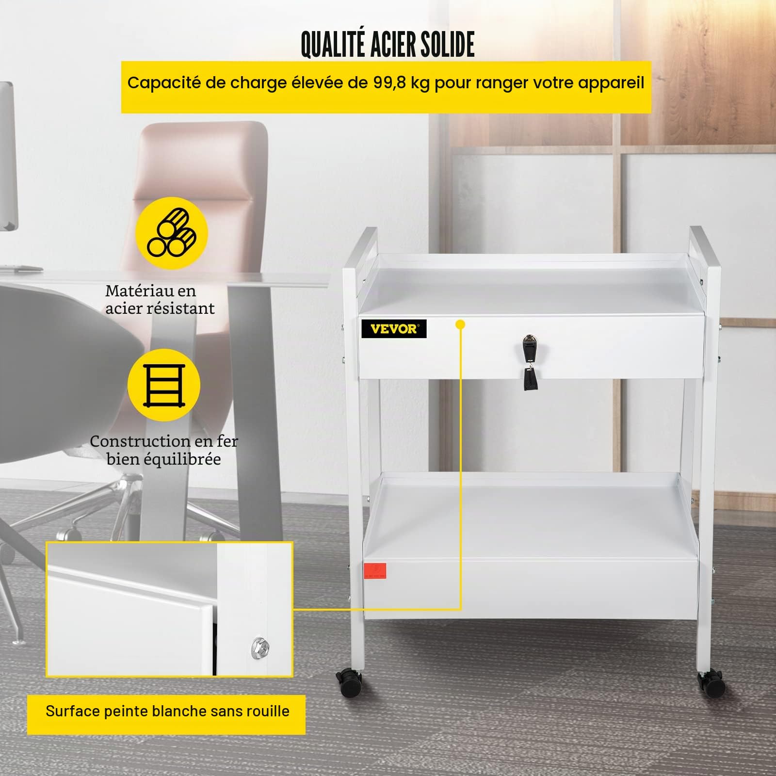 VEVOR Chariot de Laboratoire 2 Niveaux, Chariot Médical en Acier Inoxydable, Chariot de Service Grande Capacité de Charge 100 kg, avec 2 Tiroirs, pour Laboratoire Salon Hôpital, Usage Dentaire, Blanc