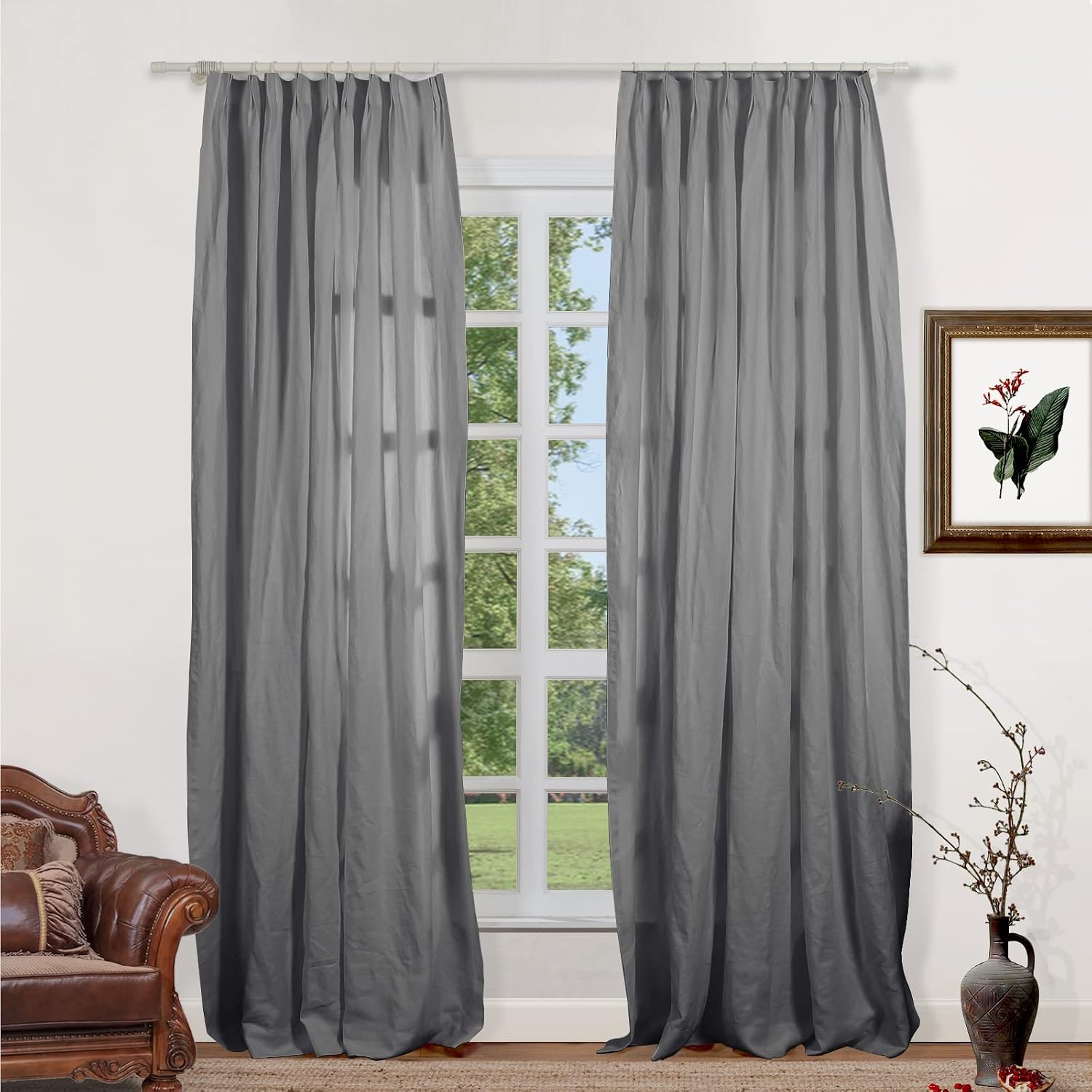 ChadeMade 100% Linen Curtain for Living Room 84 Inches Long Grey Flax Drapery Privacy Protection Drape for Window French Door Room Darkening 84W x 96L Inches(1 Panel), Lacey Collection