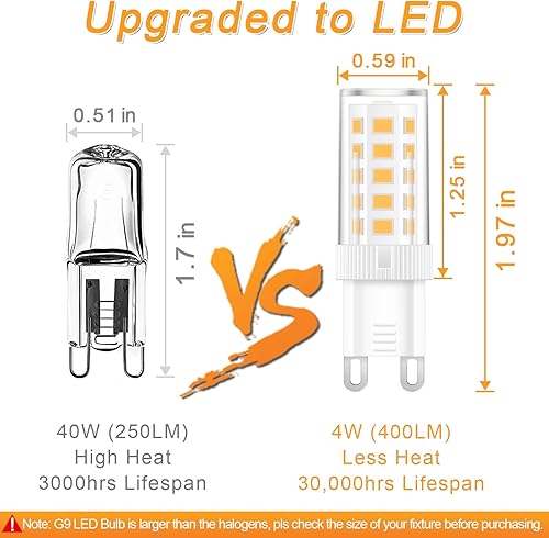 Miniatura 10 de Paquete de 4 bombillas LED G9, reemplazo halógeno de 40 vatios, luz blanca diurna de 6000 K, bombilla LED T4 no regulable con base G9 Bi Pin,