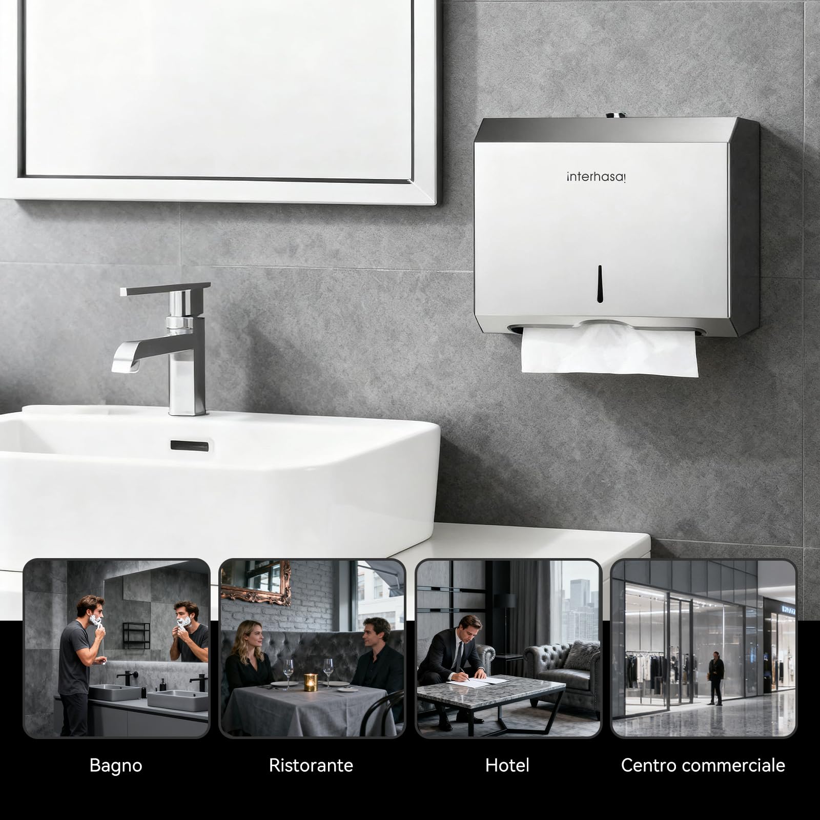 interhasa! Dispenser Carta Asciugamani da Parete, Porta Asciugamani di Carta in Acciaio Inox 304, Distributore di Carta Piegata a C/Z/V, per Bagno, Cucina, Ufficio, Hotel e Ristoranti