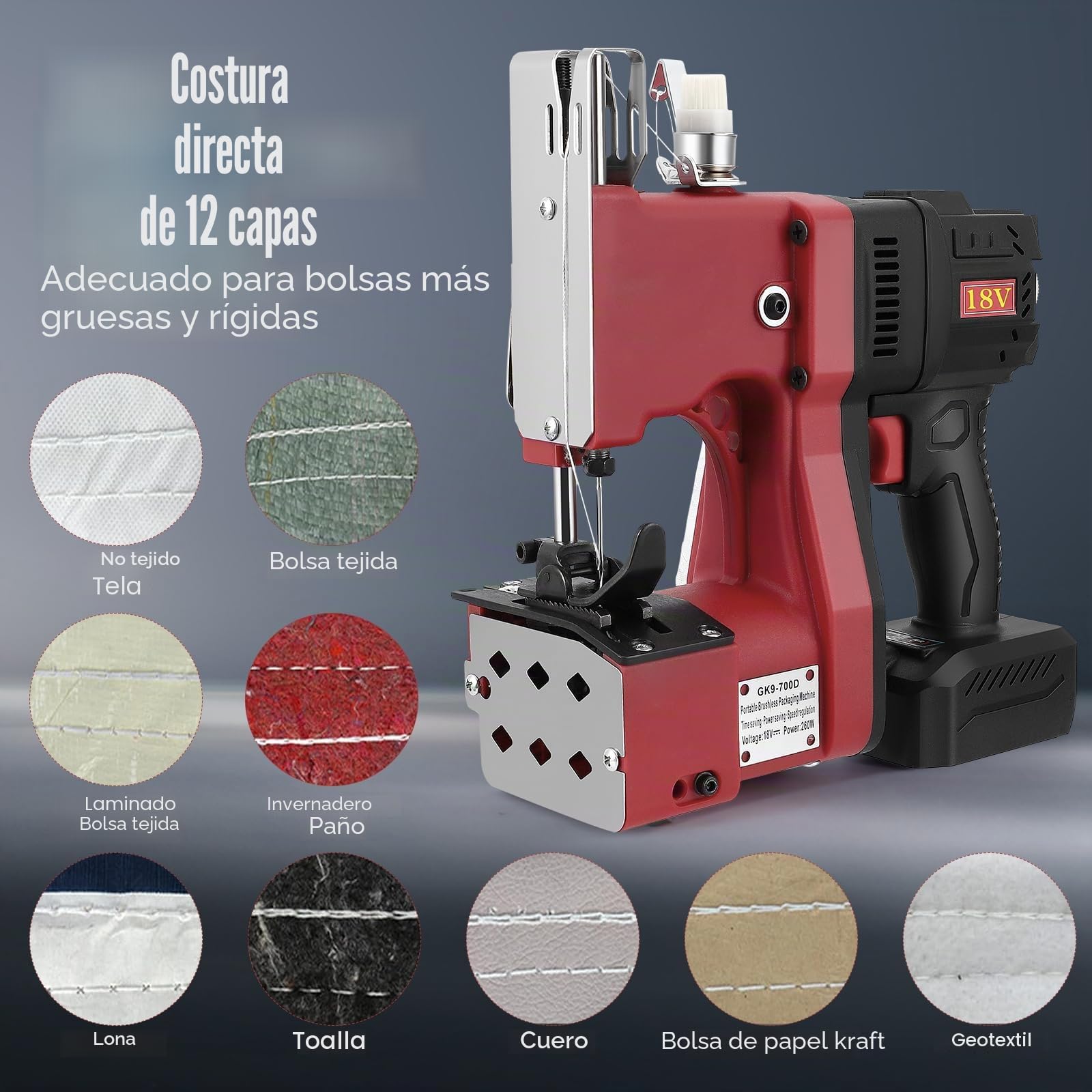 Máquina de Cierre de Bolsas 260W sin Escobillas, Motor sin Escobillas, Portátil y con Batería - Máquina de Coser Bolsas Industrial para Sacos, 2 Modos de Velocidad, 5h Autonomía, Agricultura y Almacén
