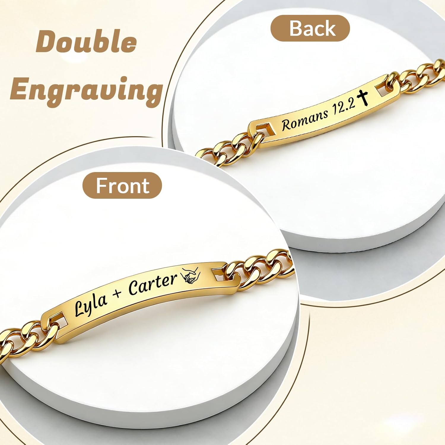 HJX Personalized Bracelet for Couple, Custom Name Bar Bracelet 18k Gold Plated Engraved ID Bracelets Personalized Gifts for Lover Valentine's Day - Image 3