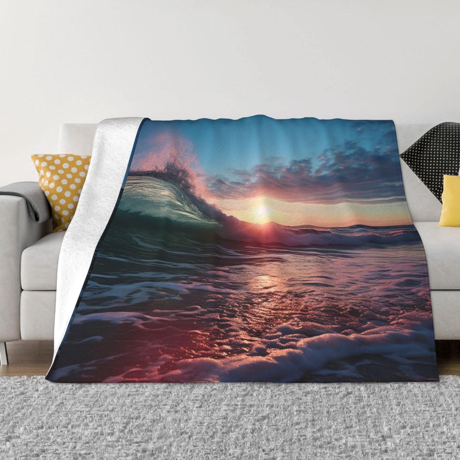 Jeté de lit couverture polaire flanelle vagues océan 127x101 cm