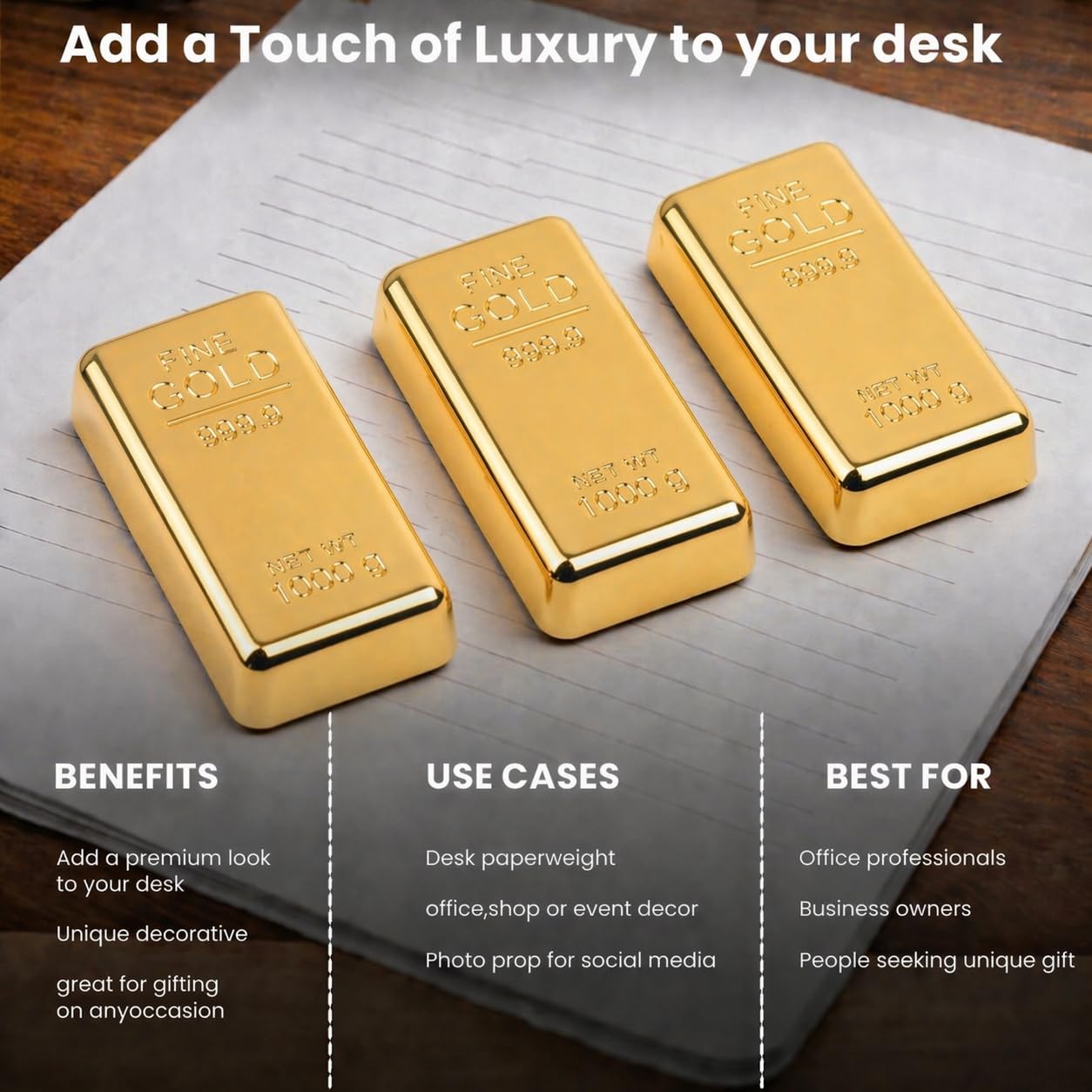 ZAHEPA Realistic Metal Gold Bar Paperweight for Office Table, Fake Gold Biscuit Paper Weight Table Decoration, Prop for Jewellery Shop & Heist Theme, Unique Gift for Home & Office (Pack of 3) 3