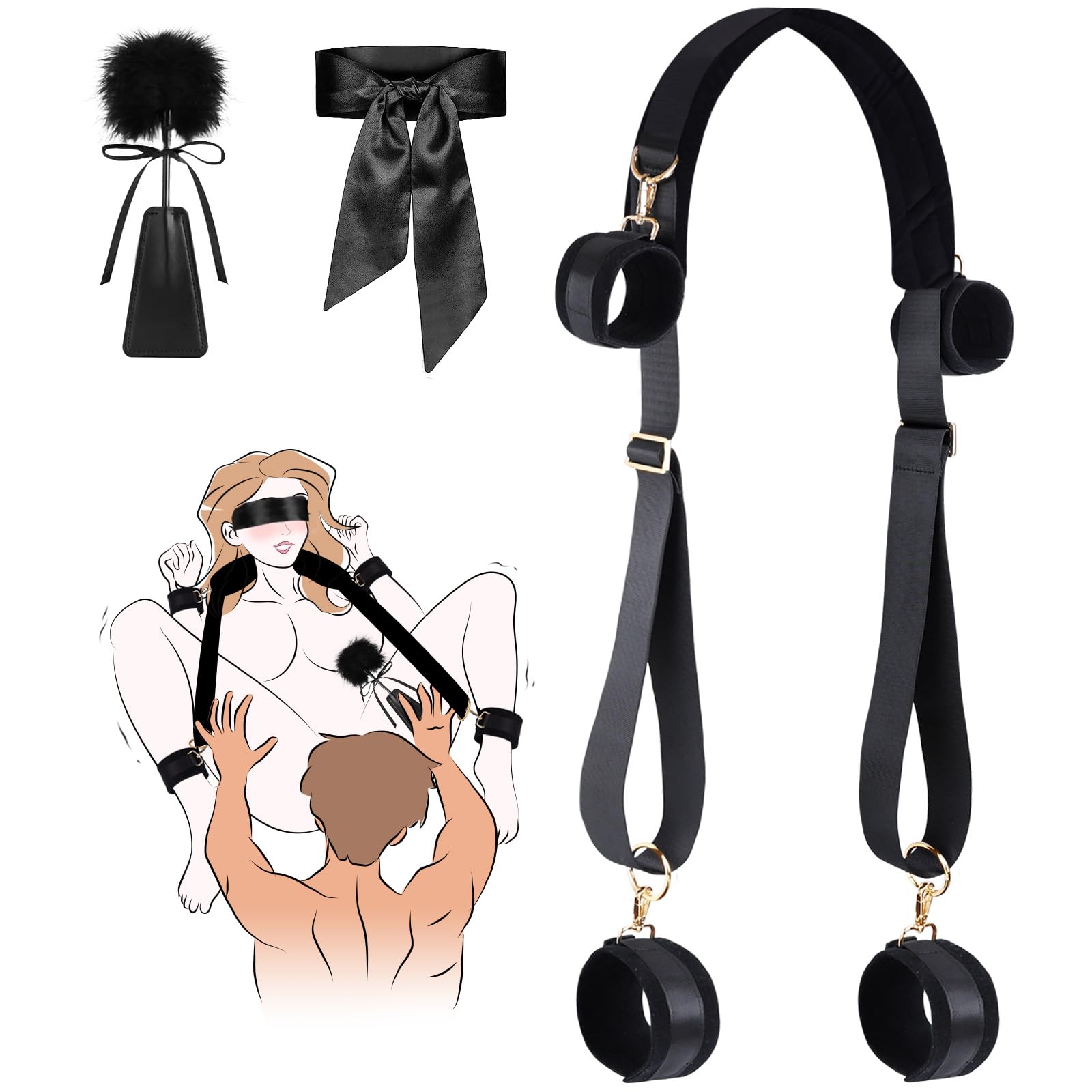 Sex Toýs Femme Couple Kits de Bondage Menottes Sex Lit BDSM Jeux Sexuelle Adulte Couple,Sex Toys Ensemble de Contention de Lit avec Menottes du Cou aux Cuisses/Chevilles, Sangles de Jambe Réglables