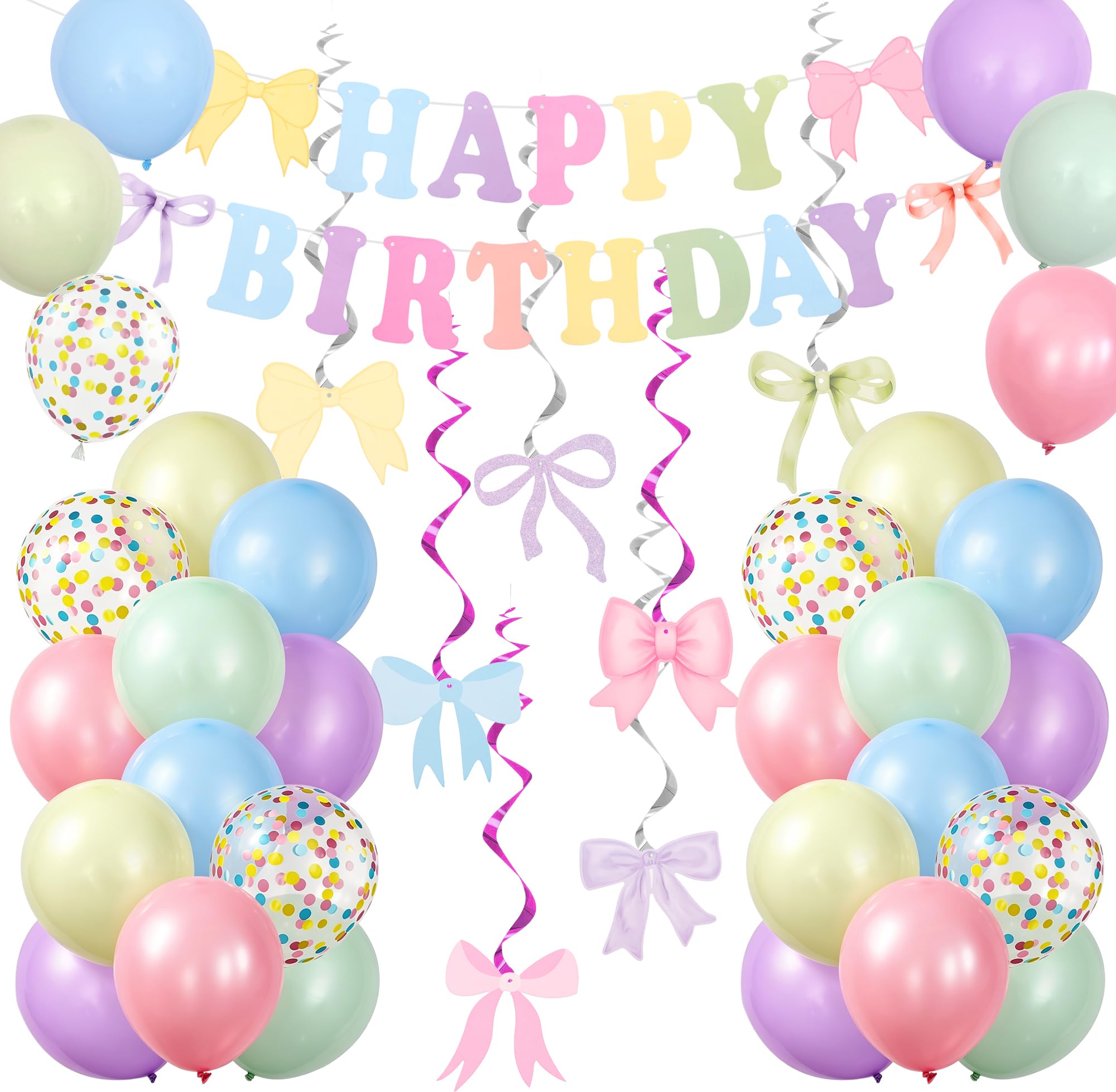 Pastel Birthday Party Decorations Set, Includes Pastel Latex Balloon, Colorful Confetti Balloons, Happy Birthday Banner, Bow Banner, Hanging Swirls for Women Easter Wedding Party Decoration