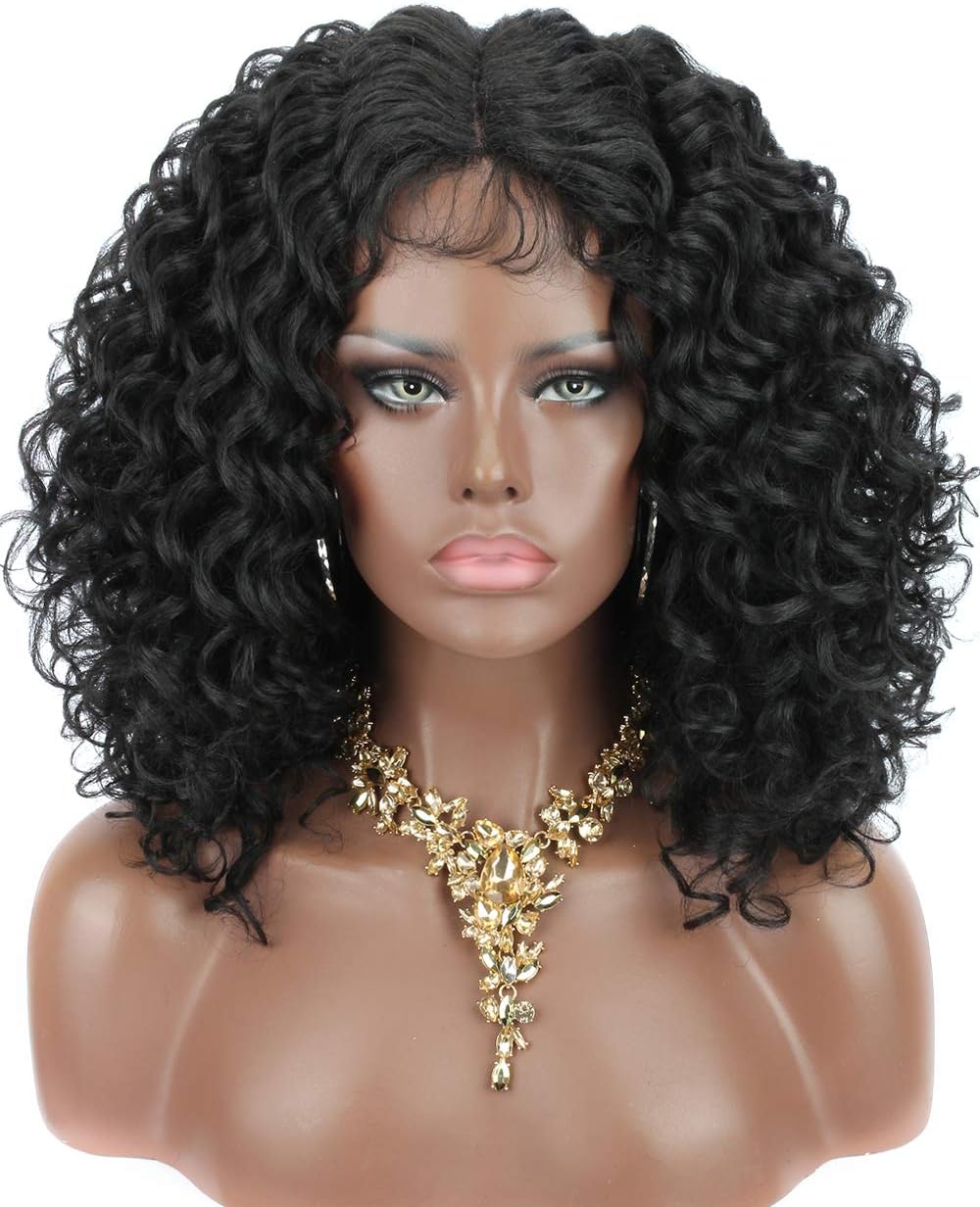 Kalyss 8" Hand-Made Black Deep Braid Out Curly Synthetic Short Afro Kinky Curly Lace Wigs for Black Women Bouncy and Full Curls 150% Density Deep Lace Middle Parting Fluffy Lace Braid Out Hair Wigs