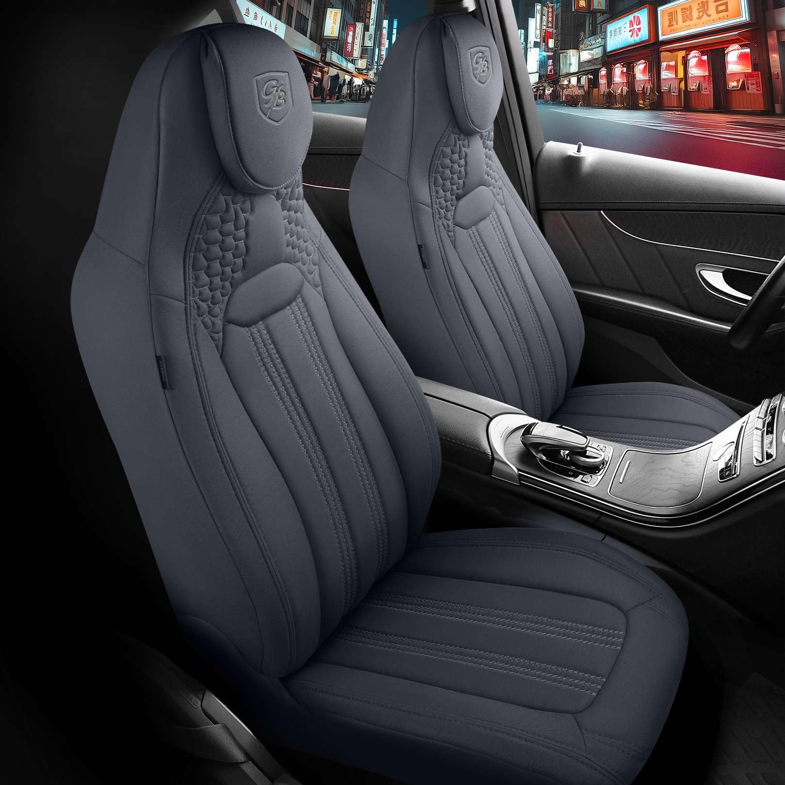 Autositzbezüge Universal für PKW & SUV – Premium Vordersitze Auto Sitzbezug aus Lacoste-Stoff, Rauchgrau, Airbag-Kompatibel Sitzauflage, Autoschonbezug, Vordersitz-Set inkl. Montageset