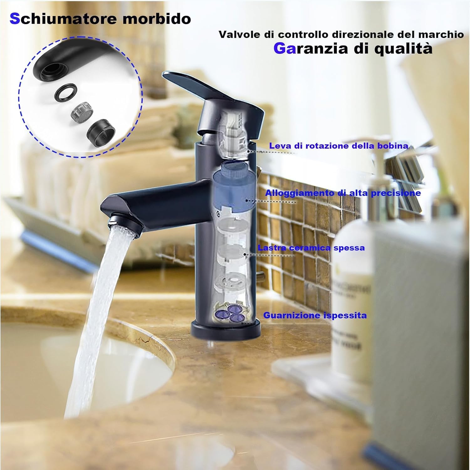 XWIHTR Rubinetti per lavabo e bagno caldi e freddi in acciaio inox, con risparmio idrico silenzioso e senza gocciolamento per bagno, lavabo, piccoli rubinetti da cucina (nero)