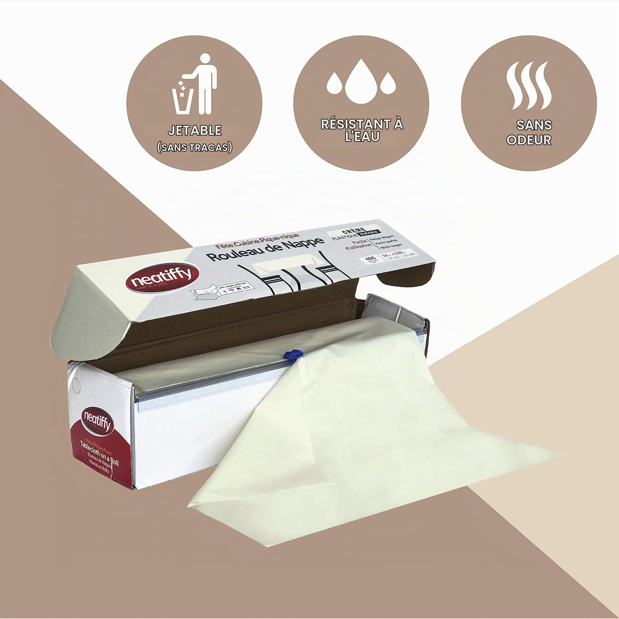 Neatiffy Jetable En Plastique Rouleau De Nappe, Équivalent à 12 paquets de pique-nique, Ivoire