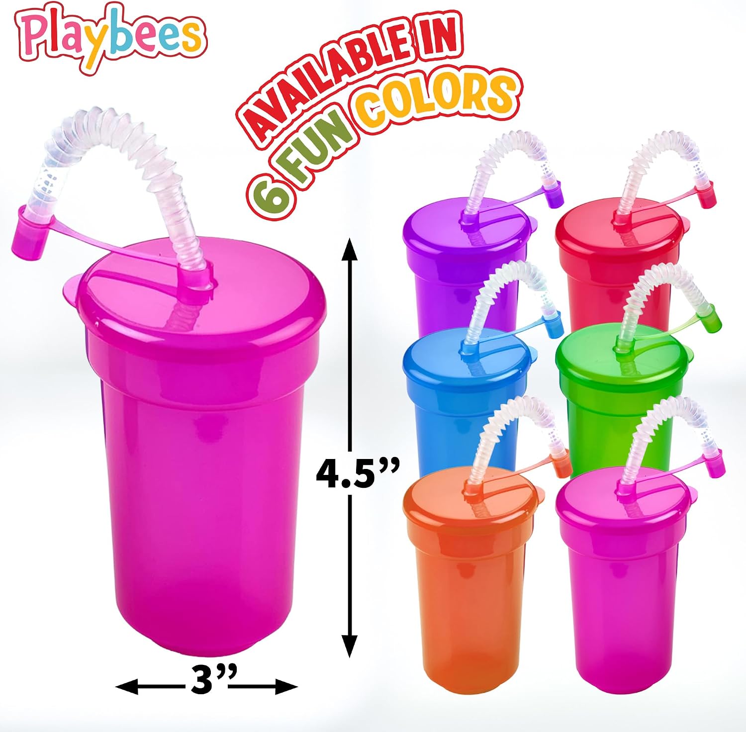 Playbees 12 Pack Neon Sipper Cups - 6 Oz. - Colorful, Spill-Proof Cups with Lids and Straws - Ideal for School Events, Themed Parties, and Birthday Celebrations - Party Supplies