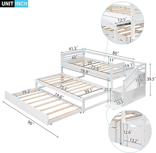 Miniatura 2 de Daybed with Storage Staircase and 2 Open ShelvesTwin Size Low Loft Bed Wood Daybed Bedframe with Double Trundle for 3Space Saving Bedroom Furniture