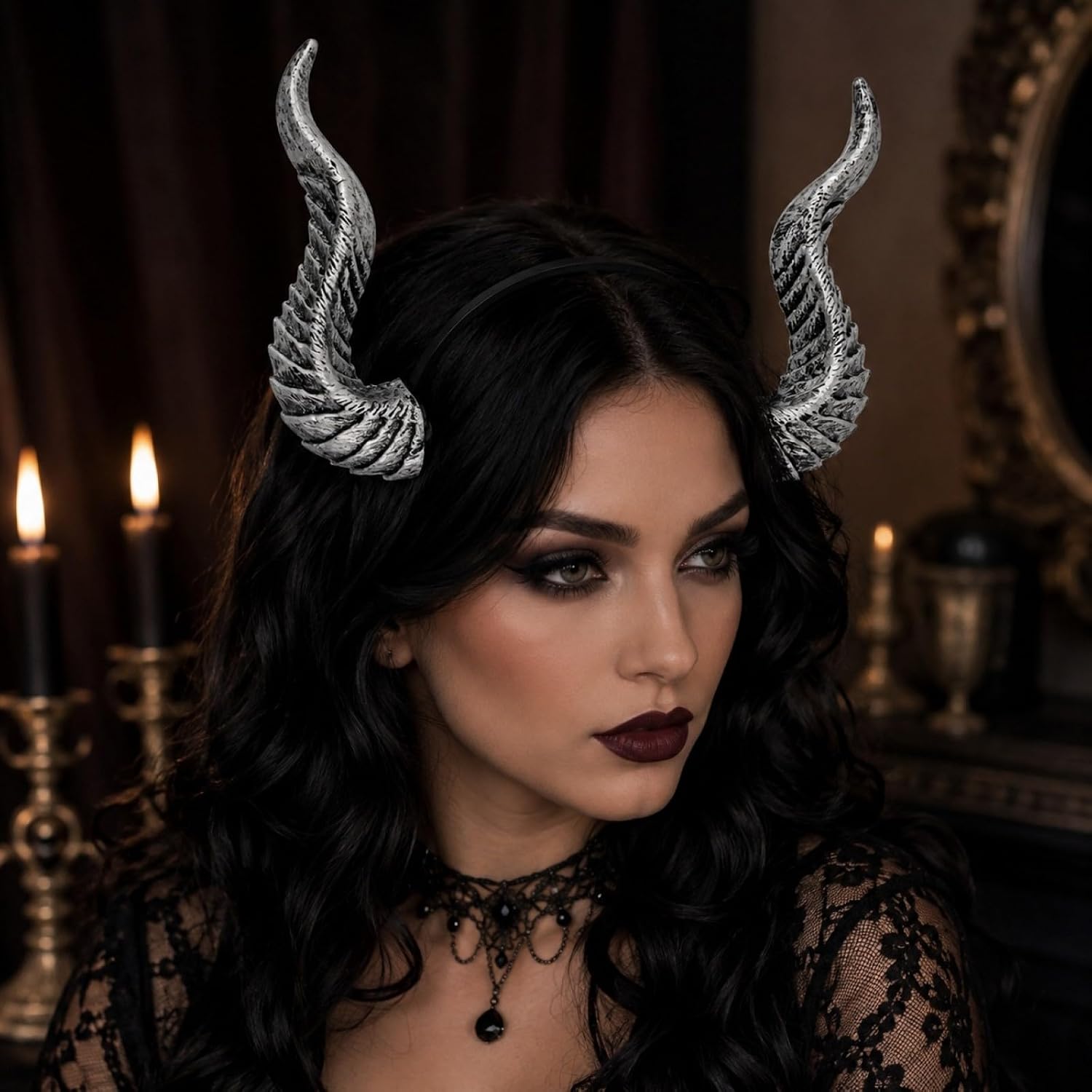 LOGOFUN Halloween Devil Horns Headband Adjustable Demon Hairpiece Gothic Sheep Horn Hoop for Cosplay Costume Masquerade Dress Up Photo Props - Silver