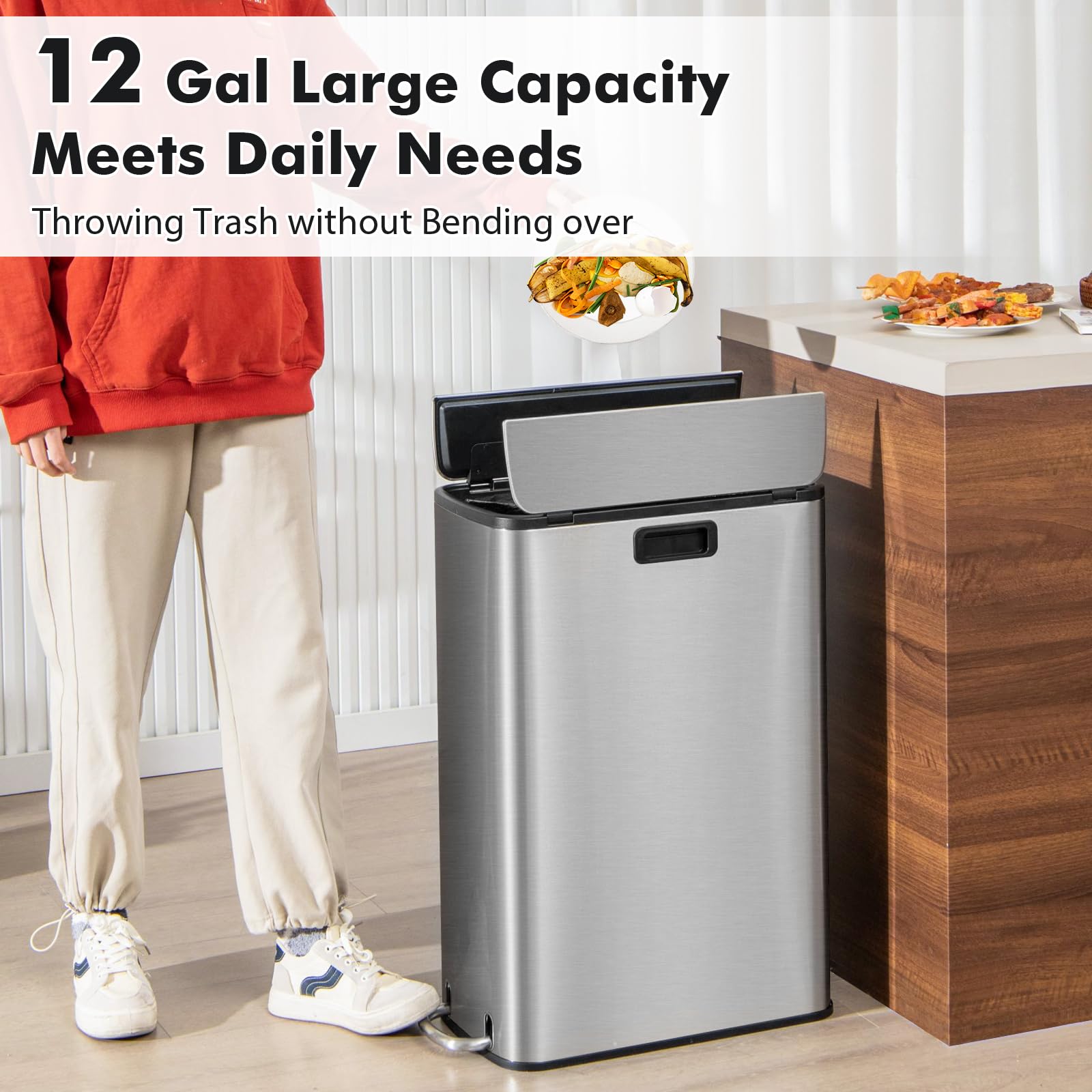 S AFSTAR 12 Gal Kitchen Trash Can, Wings Open Lid Stainless Steel Garbage Bin with Soft-Closing Lids & Removable Inner Bucket, Narrow Step-on Waste Bin for Living Room Bathroom Office, Silver