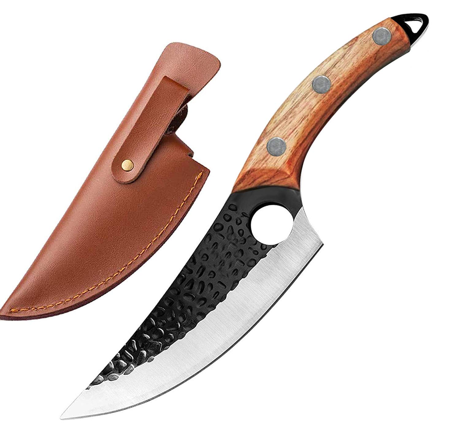 ZENG Butcher Knife Hand Forged Boning Knife with Sheath, Viking Knife, Huusk Japanese Knife, High Carbon Steel Fillet Chef Knife Meat Cleaver Knife for Kitchen, Camping, BBQ