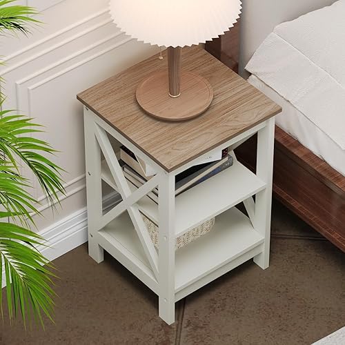 Miniatura 4 de MFSTUDIO Juego de 2 mesas auxiliares de madera para sofá de 3 niveles con estantes de almacenamiento, estructura de diseño X, mesita de noche para