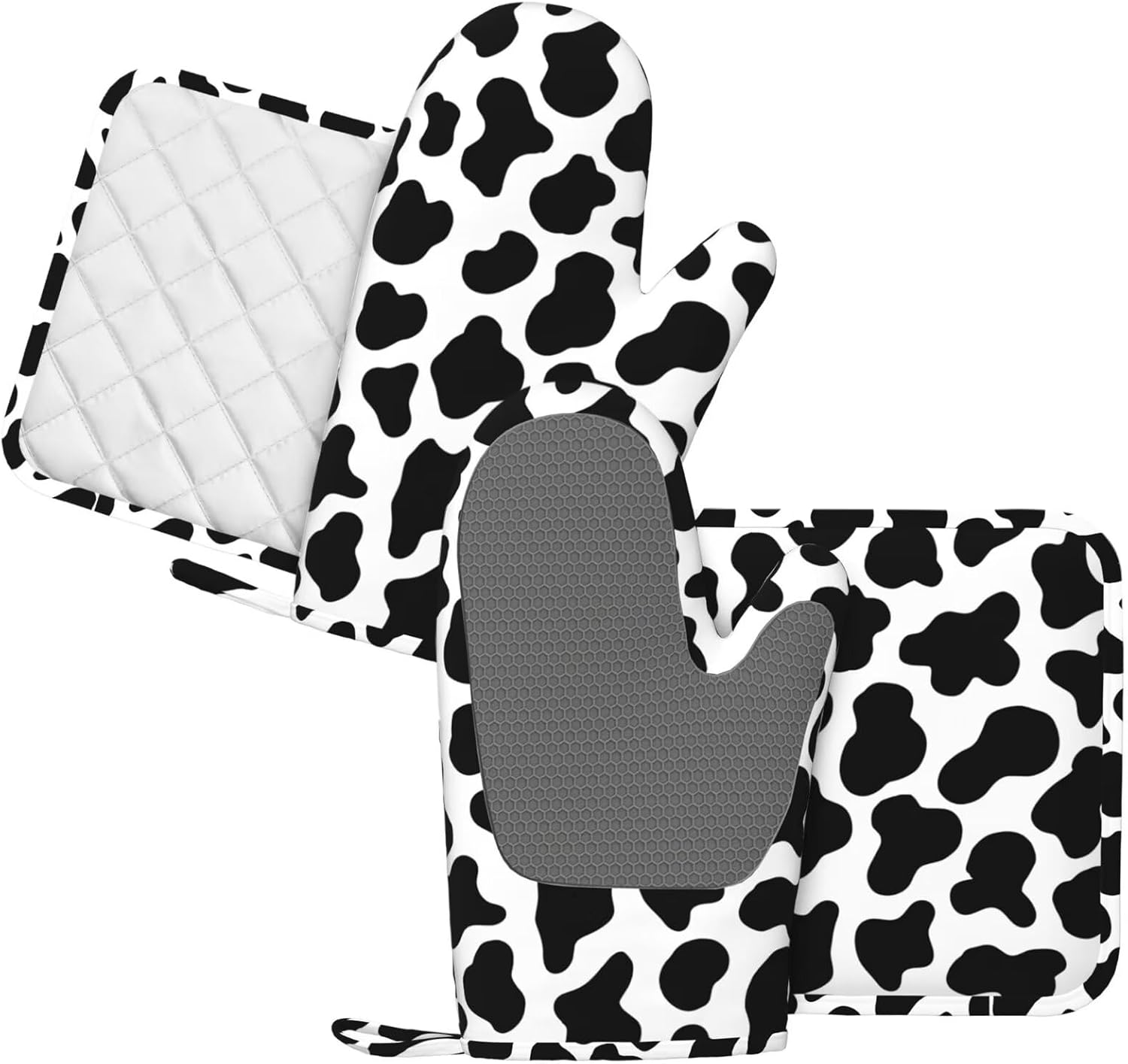 Cow Print Oven Mitts and Pot Holders Sets Silicone Black White Cow Print Kitchen Mitts Potholders Heat Resistant 4Pcs Farmhouse Cowhide Oven Gloves Hot Pads for Kitchen Baking Cooking - Image 2