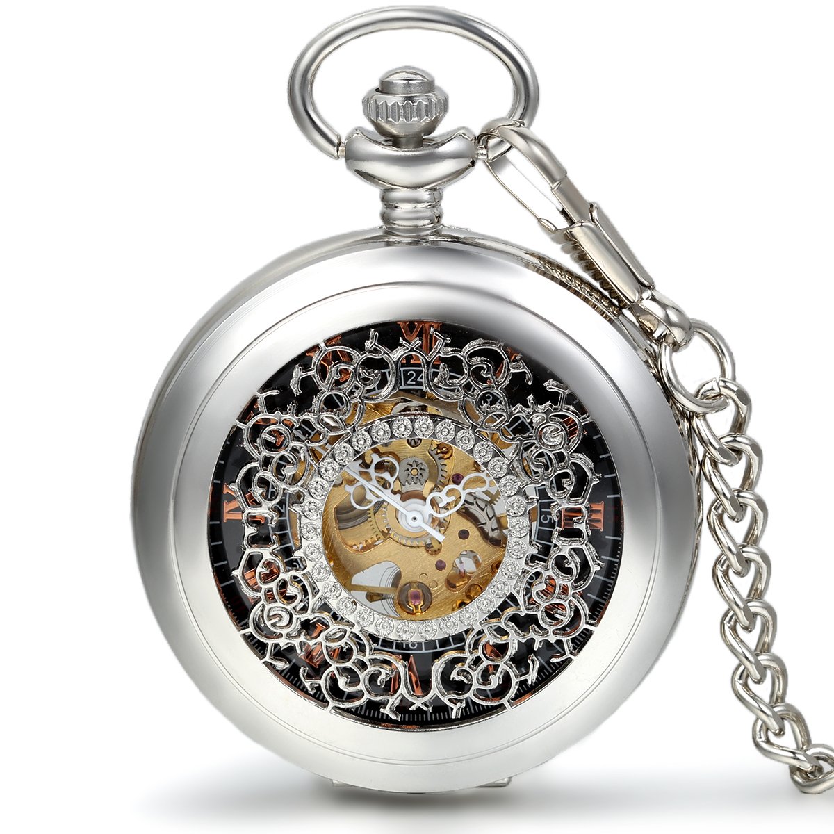 JewelryWe Montre de Poche Gousset Squelette Mécanique Manuel Rayure Fleur Ciselée Chiffre Romain Pendentif Collier Alliage pour