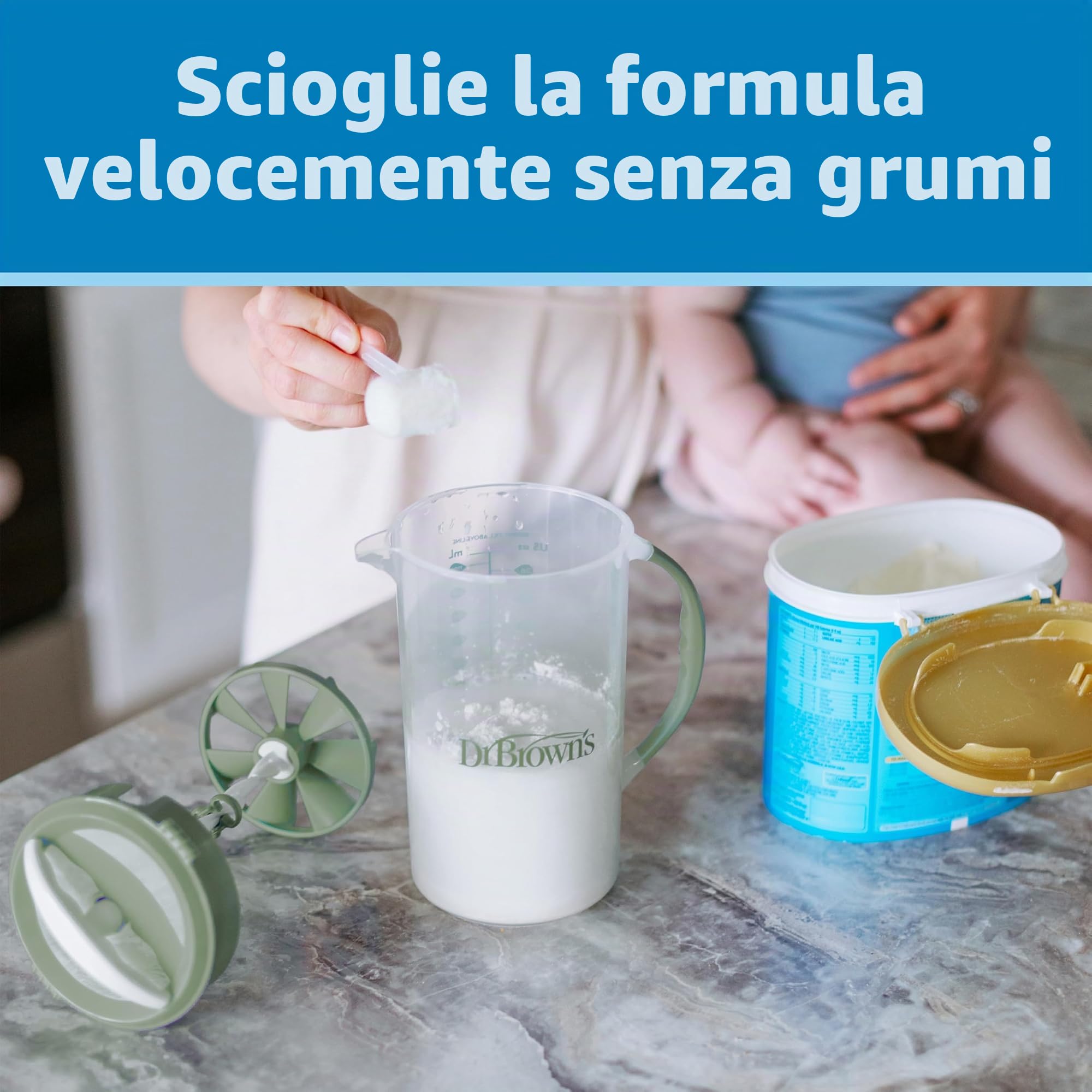 Dr. Brown's Brocca per miscelazione con tappo regolabile, coperchio di bloccaggio e beccuccio senza gocciolamento, 32 once, senza BPA, blu