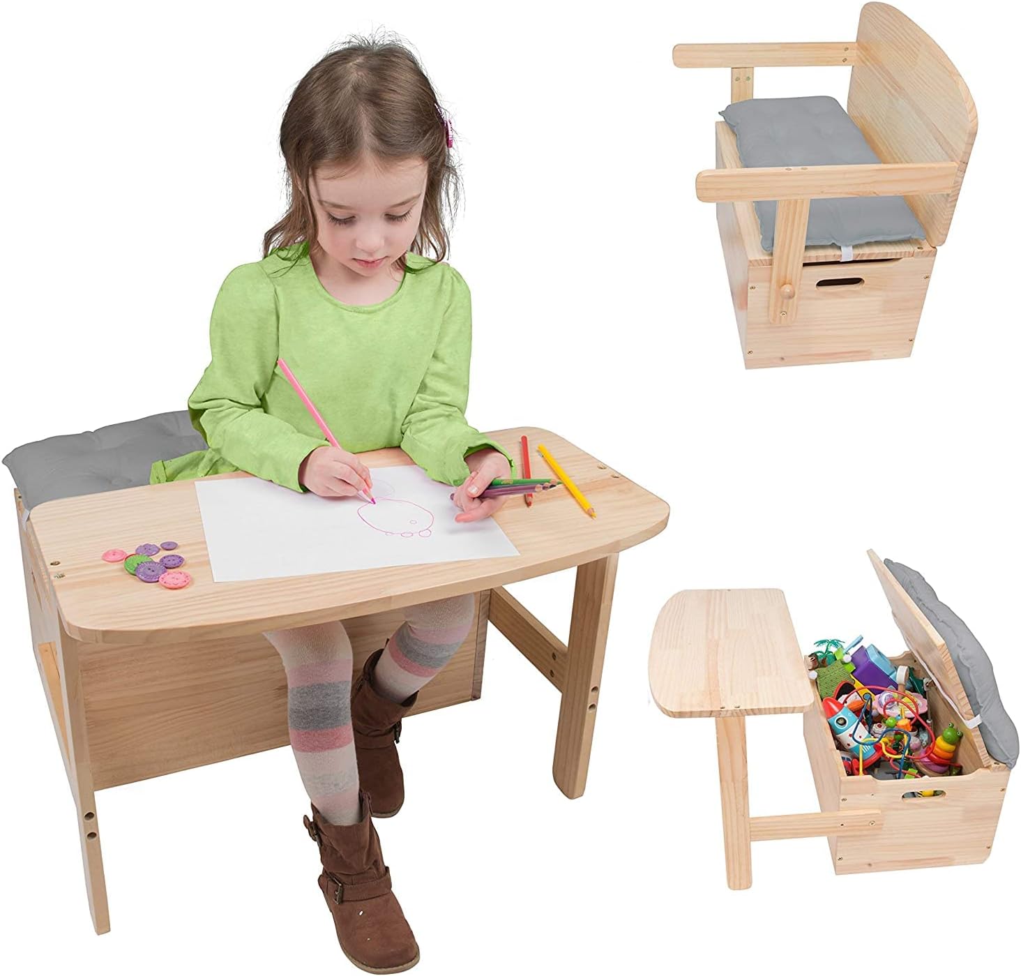 Svan Wooden Desk and Chair Set w/Toy Box Storage - Converts to Bench - Includes Blue Cushion 25 x 22 x 13 in