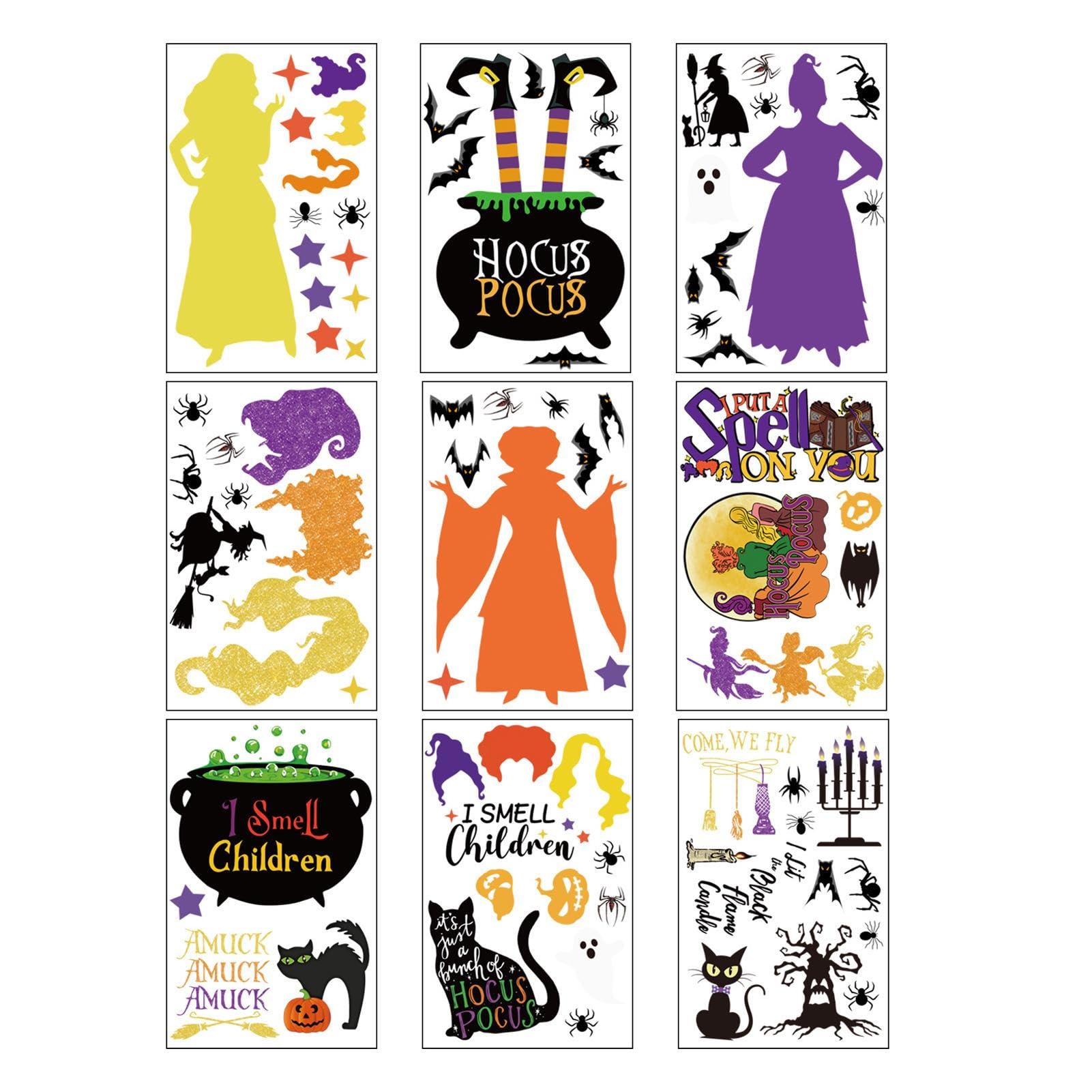 Manolyee Funny Witch Window Stickers - 9 Sheets Witch Stickers | Scary Hocus Pocus Double Sided Stickers for Halloween Decoration, School Home Supplies