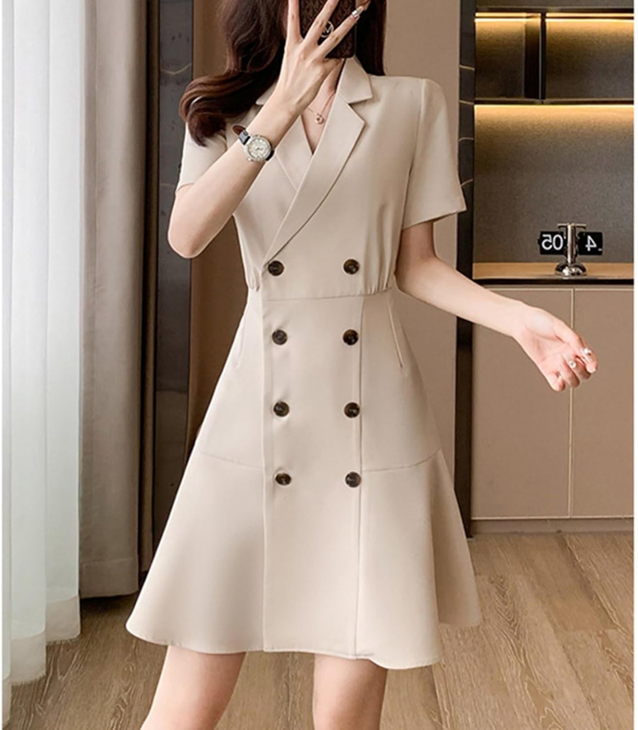 [RAMEMO] レディース スーツワンピース ミニ丈 半袖 フォーマルワンピース ビジネス シンプル 無地 オフィス 簡約 Aライ