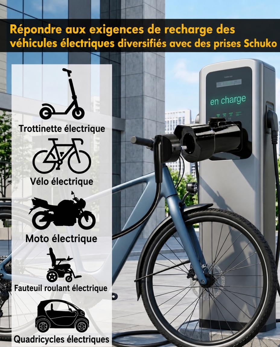 Erato Adaptateur Type 2 vers Schuko 220V-250V AC 16A 3,5 KW, Non V2L | Adaptateur pour borne de Recharge IEC 62196 pour véhicule électrique Trottinette électrique vélo Moto VAE, Noir