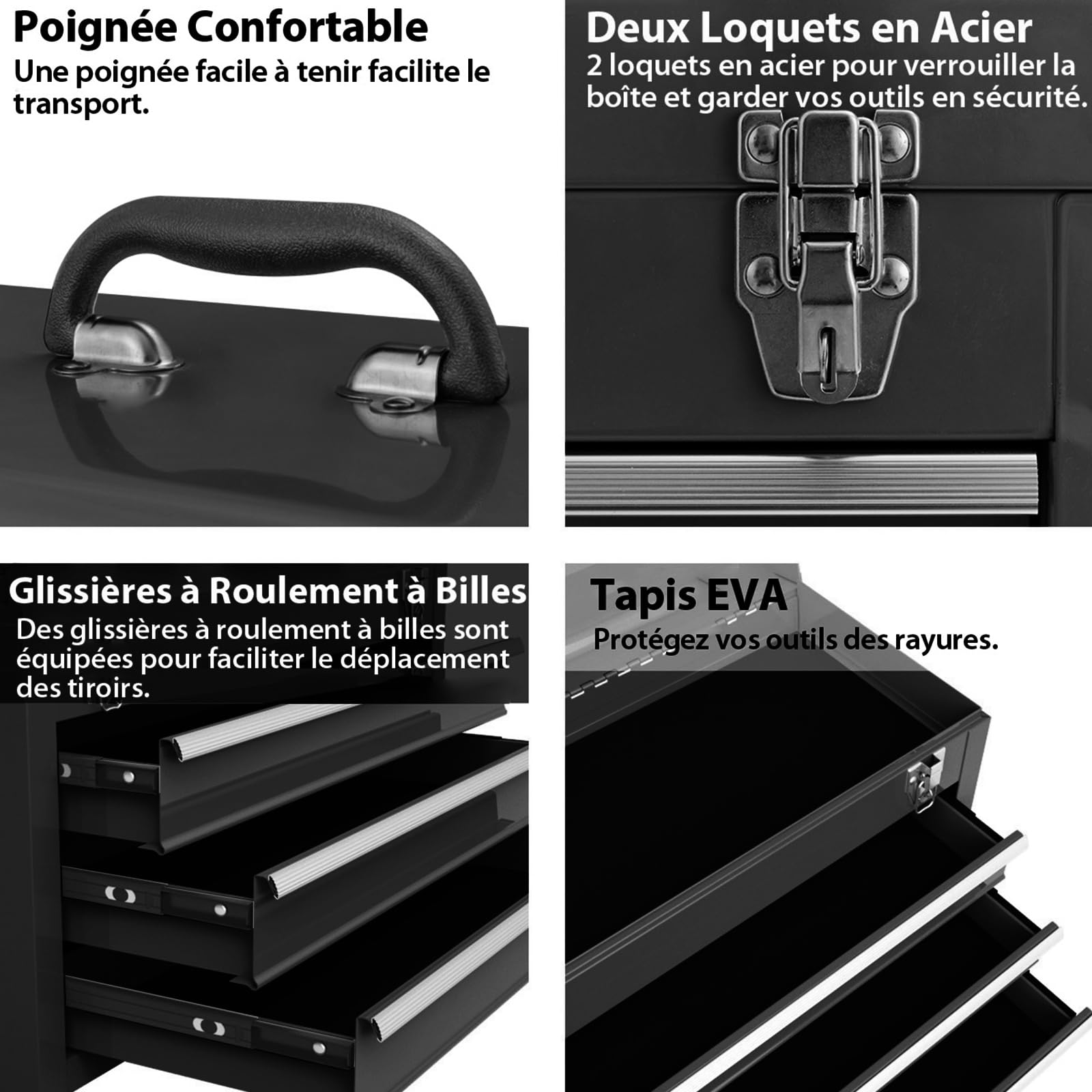 GYMAX Boîte à Outils en Métal avec 3 Tiroirs et Plateau Supérieur | Caisse à Rangeme Portable, 2 Loquets de Sécurité, Doublures en EVA et Glissières à Roulements à Billes, Poignée de Transport