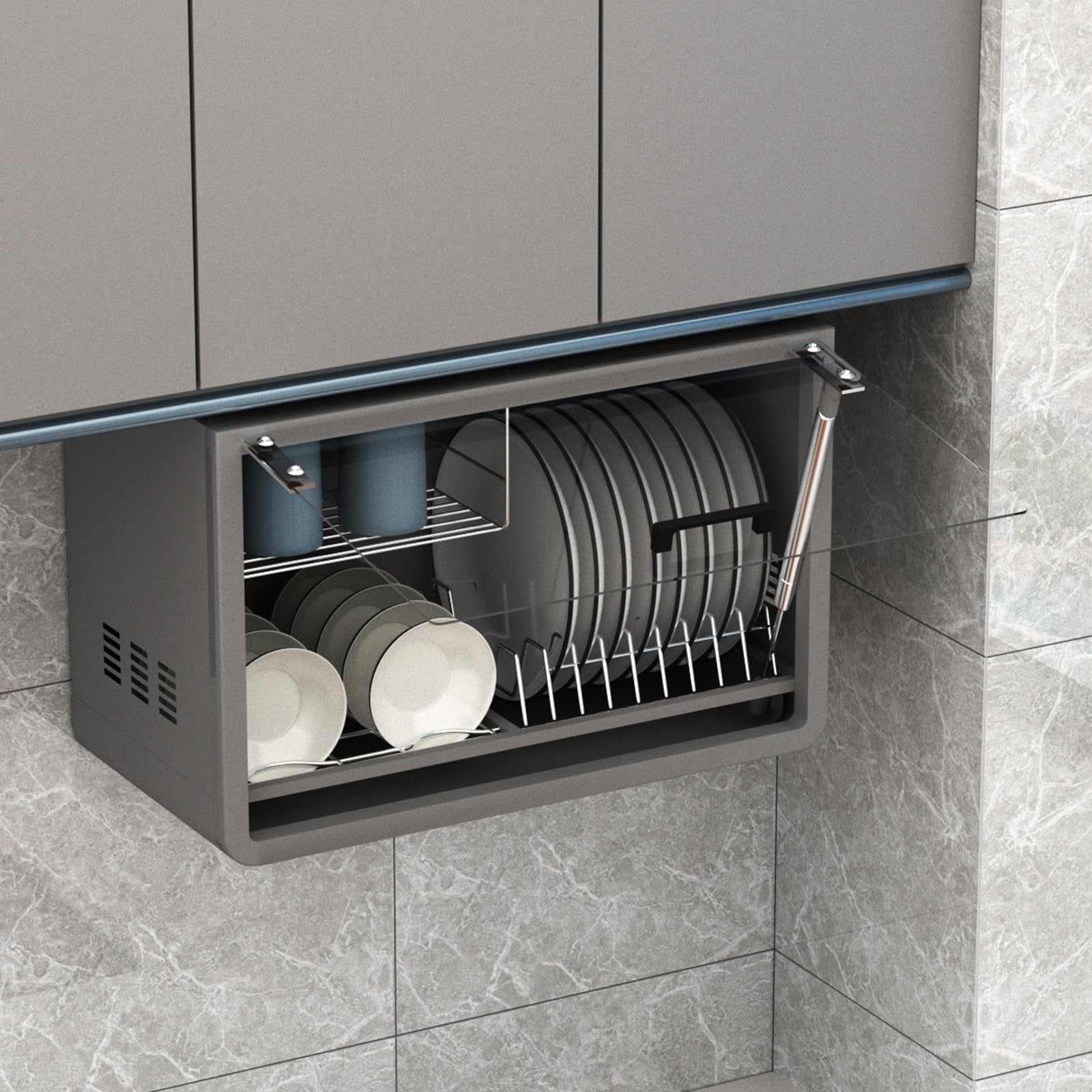 Égouttoir à vaisselle Grande capacité Avec Porte en verre trempé, Fixation murale, pour la Cuisine. Égouttoir pour bols et baguettes, boîte de Rangement (Gris).