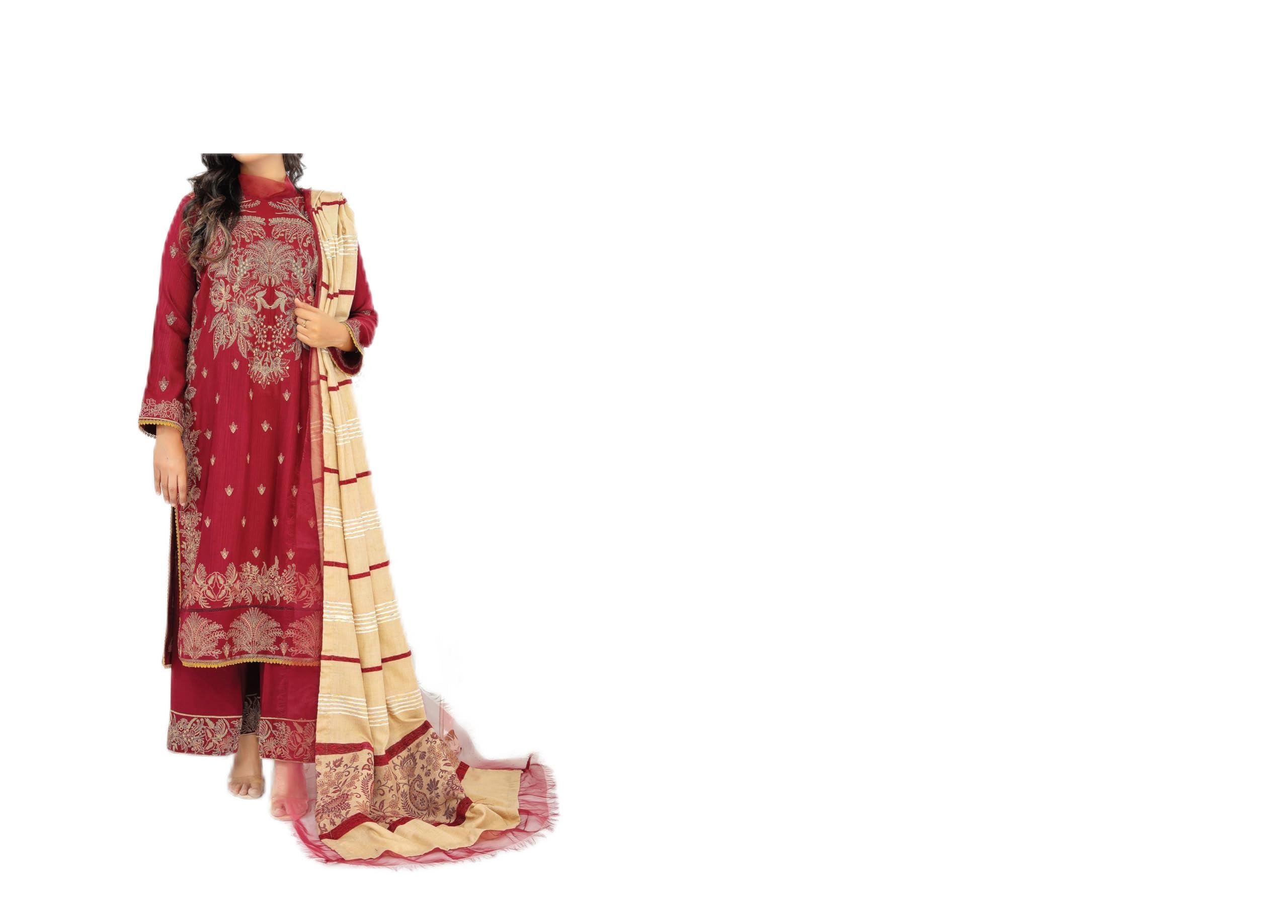Shalwar Kameez Suit Red Slub Embroidered Traditional Indian Pakistani Style with Beige Work 3 Piece Set