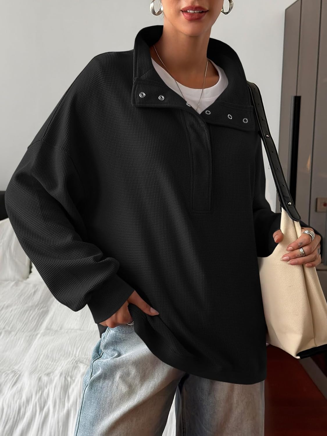 Fisoew Womens Waffle Knit Oversized Sweatshirt Casual Snap Stand Collar Long Sleeve Pullover Tops Fall Travel Outfits - Image 3