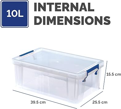 Bankers Box 5X 10L Plastic Storage Boxes with Lids. ProStore Super Strong Stackable Plastic Storage Boxes (14 x 34 x 21.5cm), Made in the UK, Clear