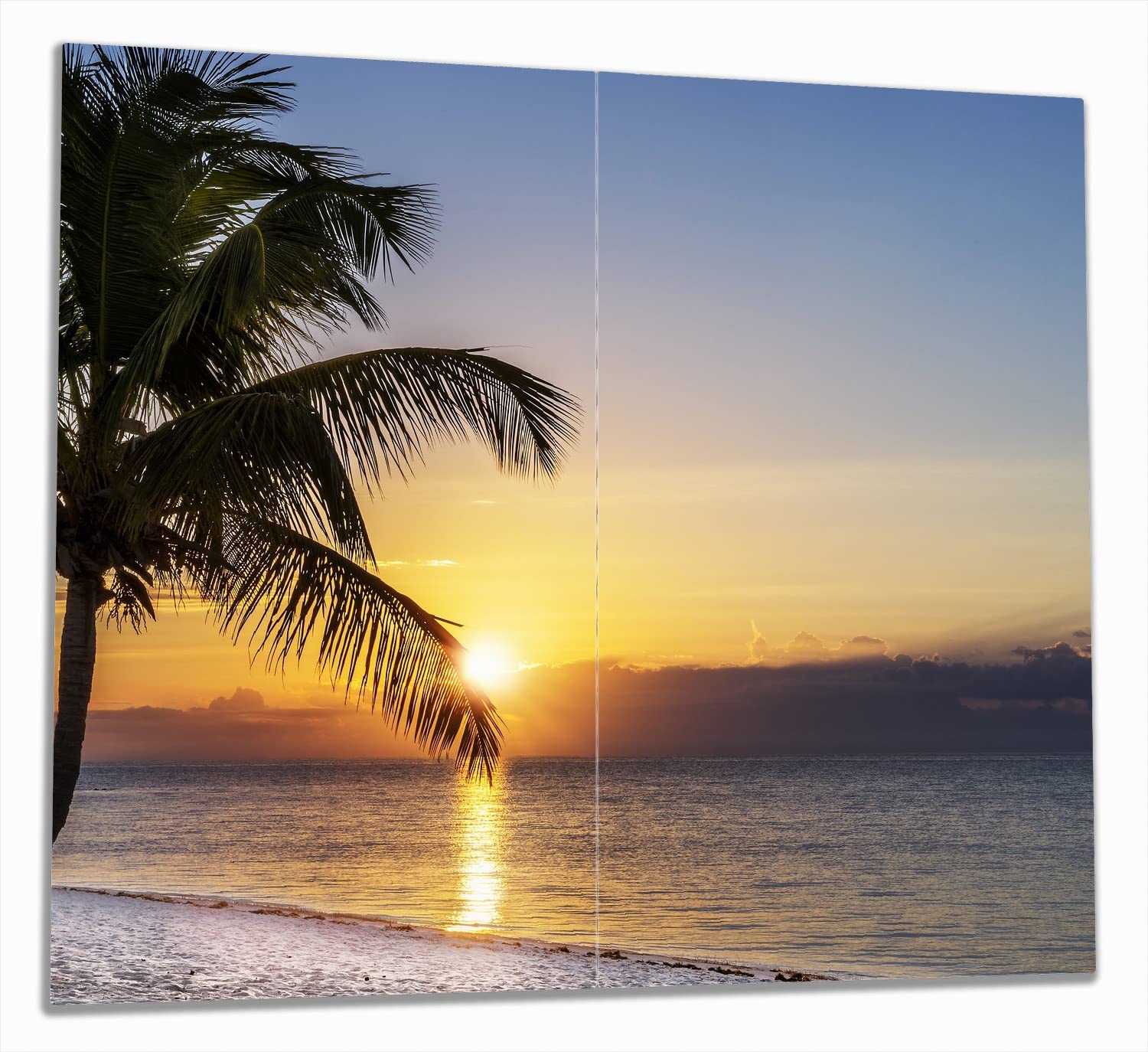 Wallario Herdabdeckplatte/Spritzschutz aus Glas, 2-teilig, 60x52cm, für Ceran- und Induktionsherde, Palme am Strand - Sonnenuntergang über dem Meer