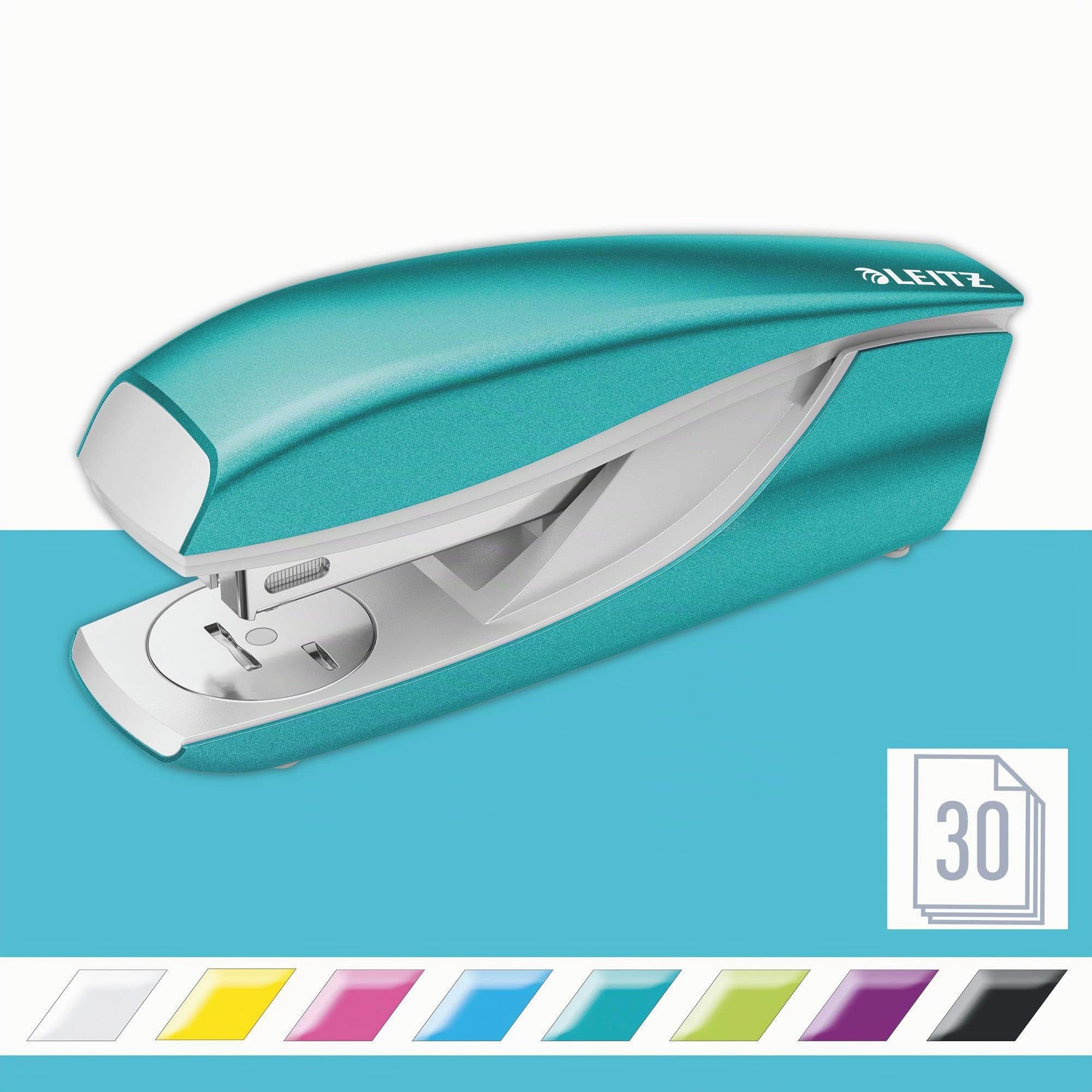 Leitz Büro Locher + Heftgerät, Für 30 Blatt, Anschlagschiene mit Formatvorgaben, Tacker mit 200 Heftklammern, Ergonomisches Design, Eisblau, WOW-Serie, 50081051 + 55021051